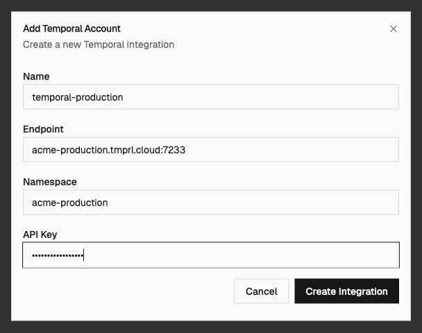 Temporal account form with an example endpoint, namespace, and masked API key