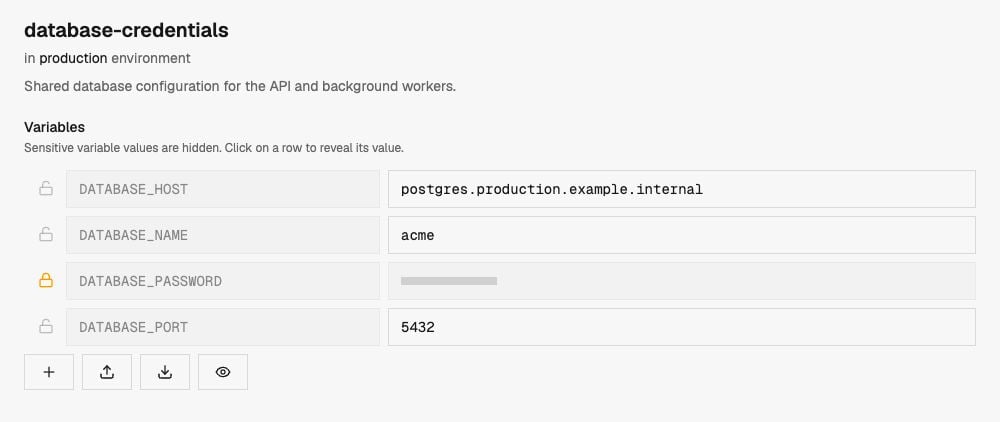 A production variable group with database configuration and a masked password