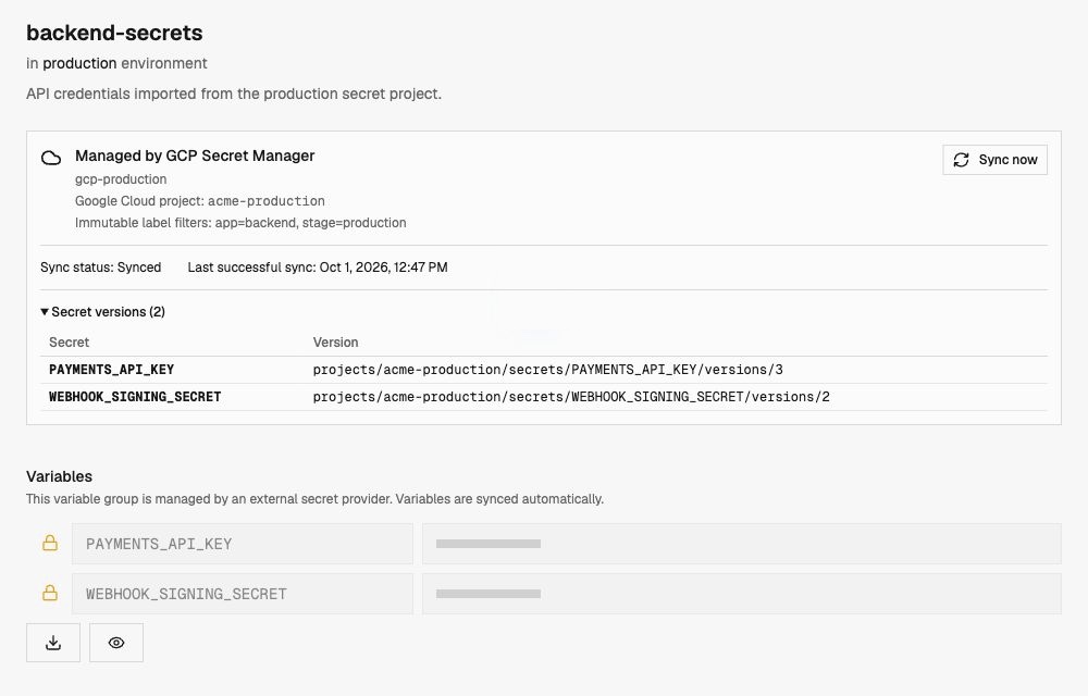 Example imported group showing sync status, immutable filters, secret versions, and masked values