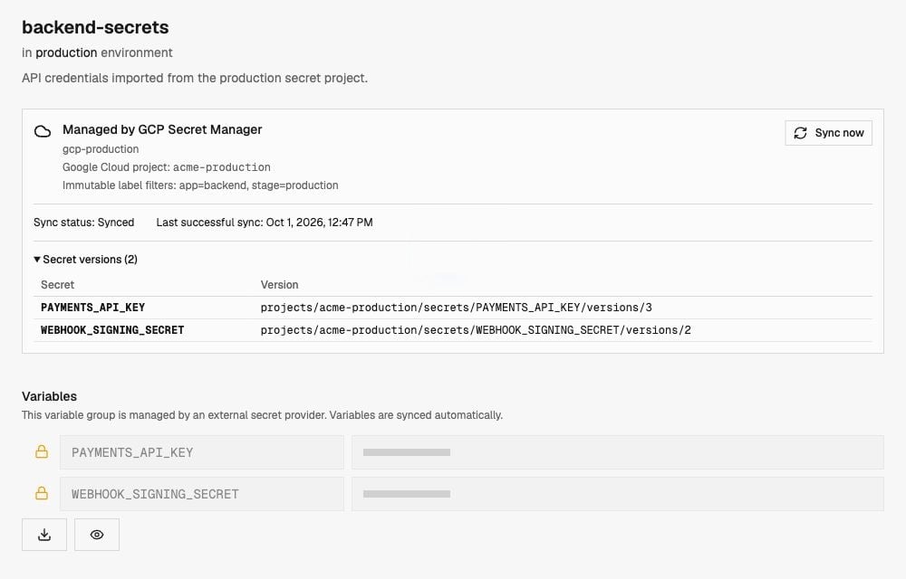 Example imported group showing sync status, immutable filters, secret versions, and masked values