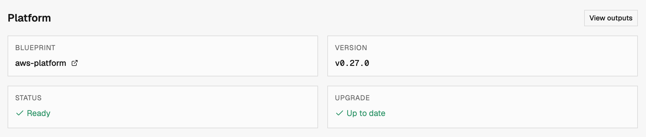 Platform section on the environment settings overview, with the View outputs button