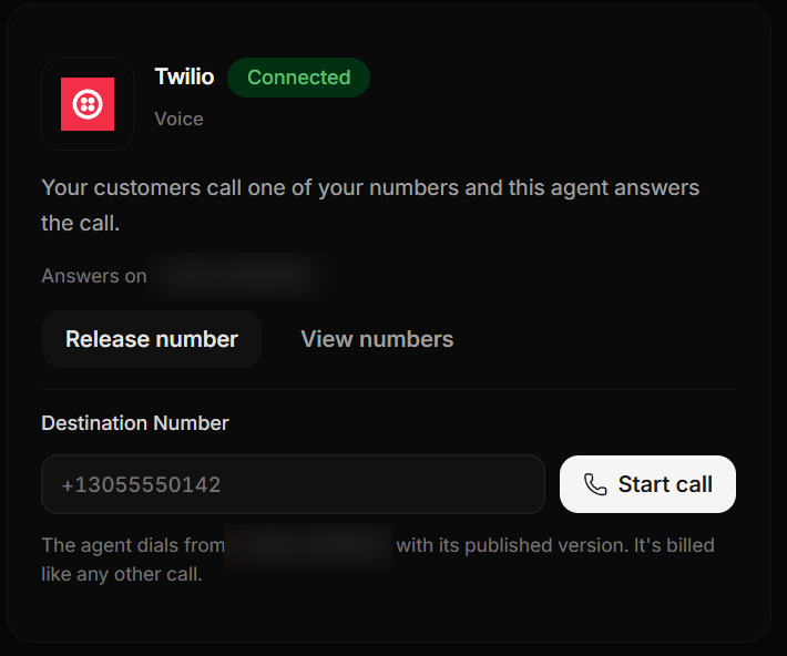 The Twilio Voice card marked Connected, with Release number and Start call