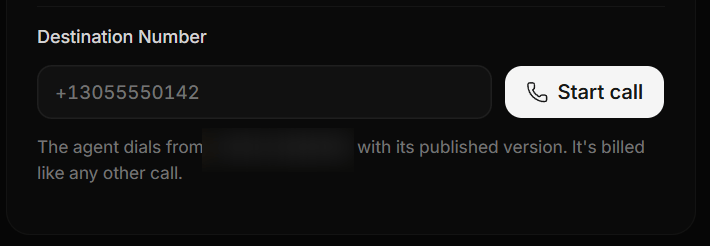 The Destination Number field and the Start call button