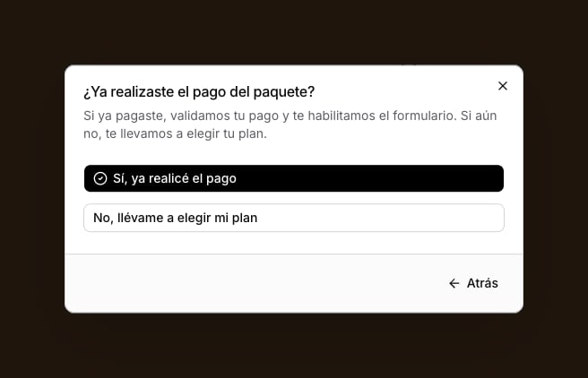Confirmar el pago del paquete