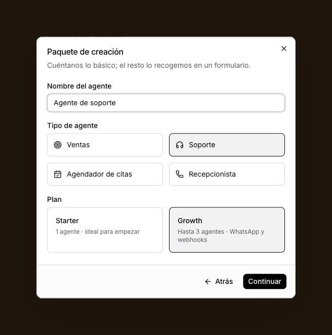 Nombre, tipo y plan del agente