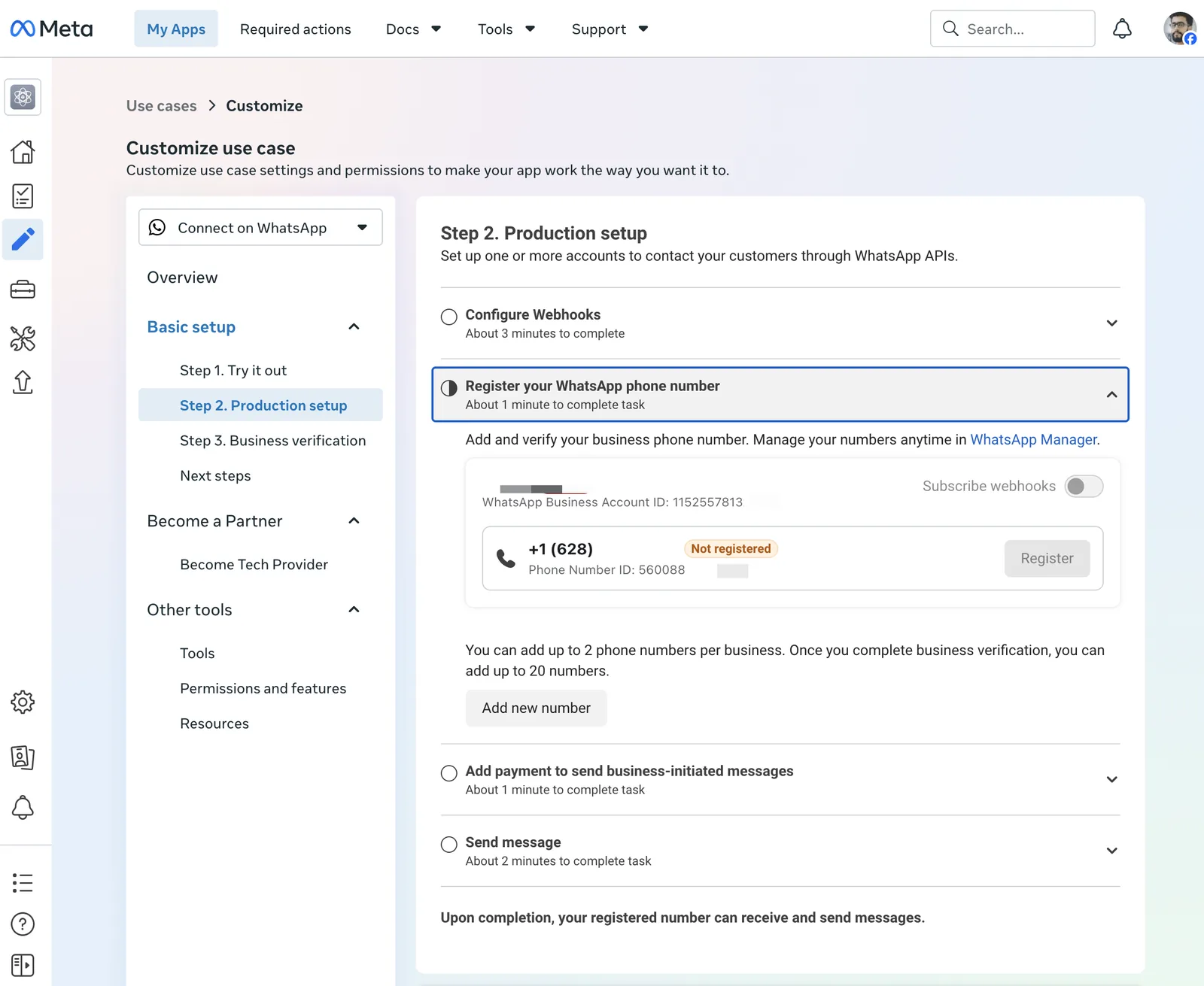Sección Registra tu número de WhatsApp en la configuración de producción