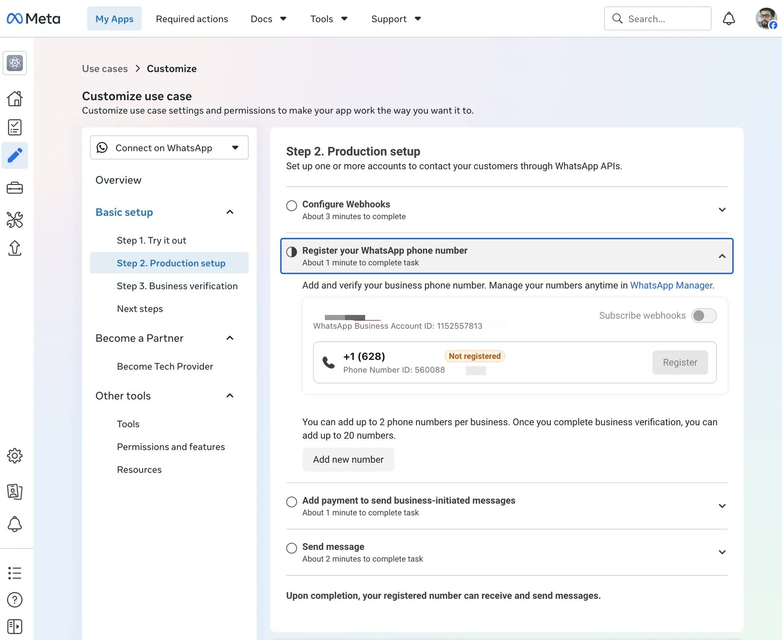 Sección Registra tu número de WhatsApp en la configuración de producción