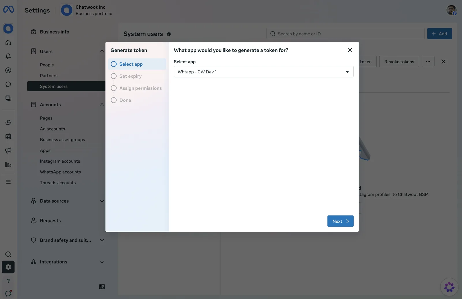 Selección de la app para el token