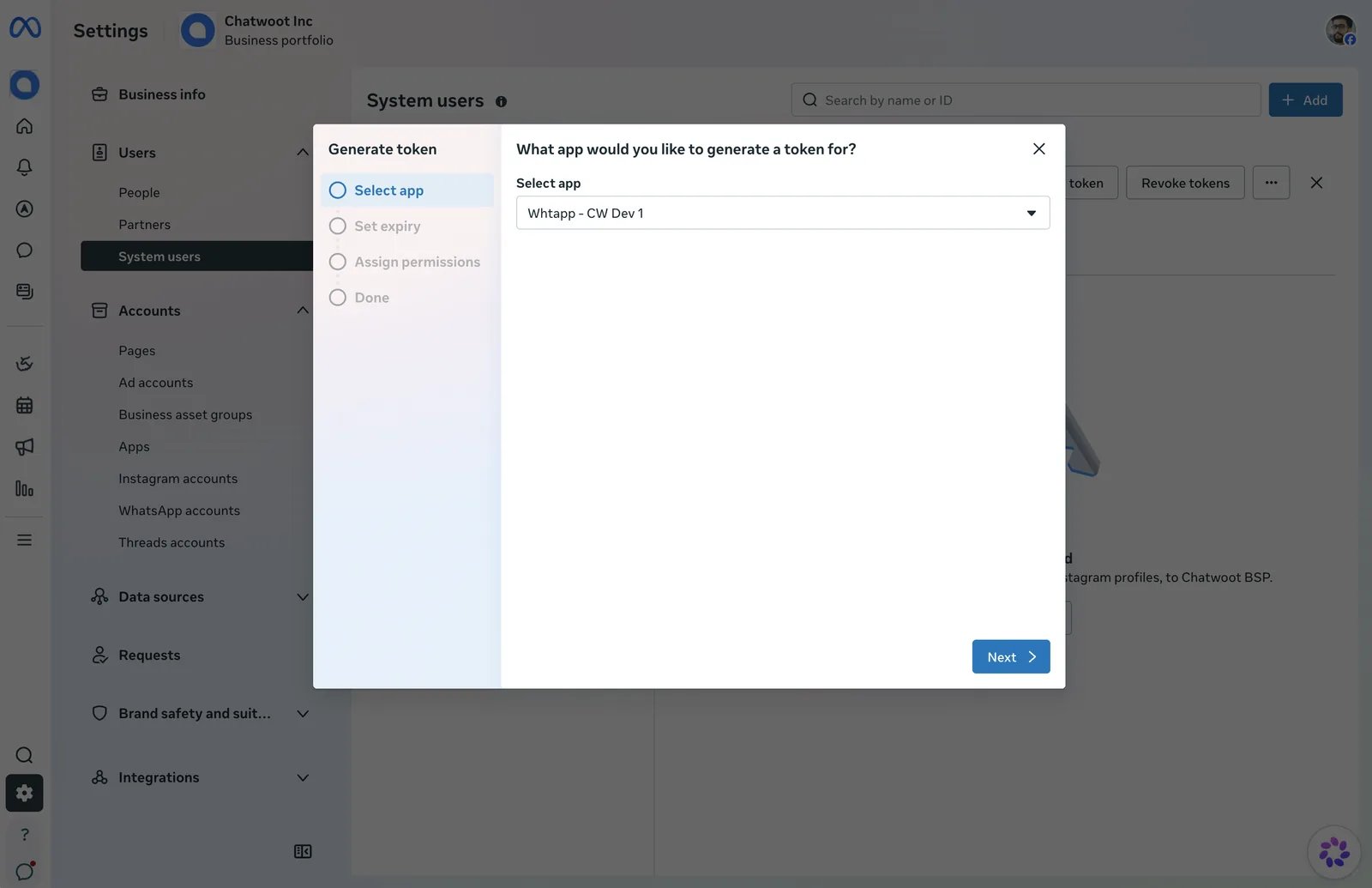 Selección de la app para el token