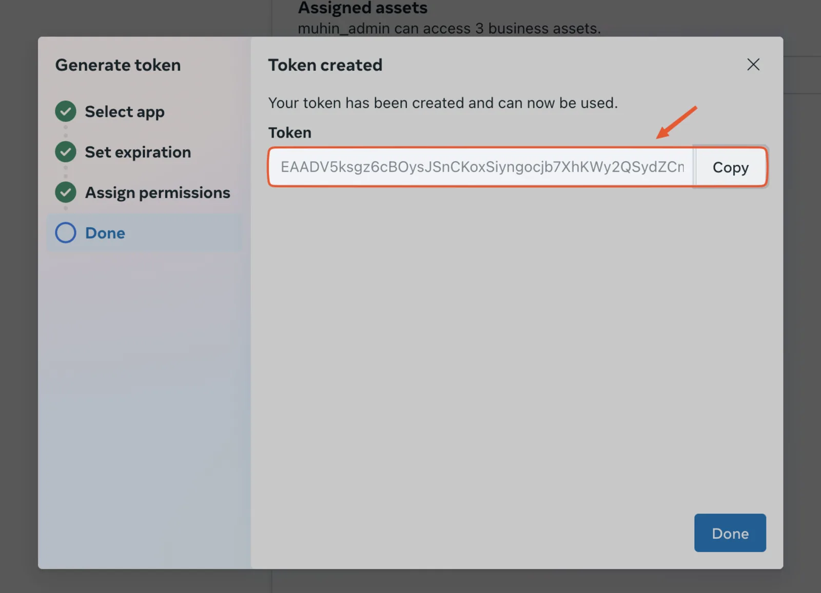 Token generado con el botón Copiar