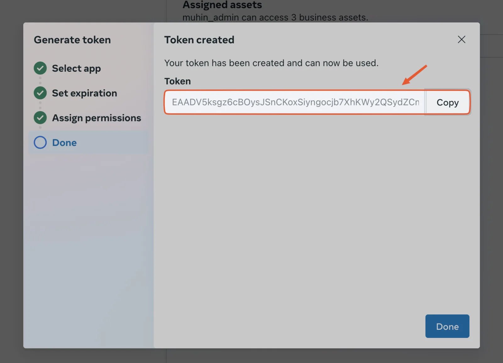 Token generado con el botón Copiar