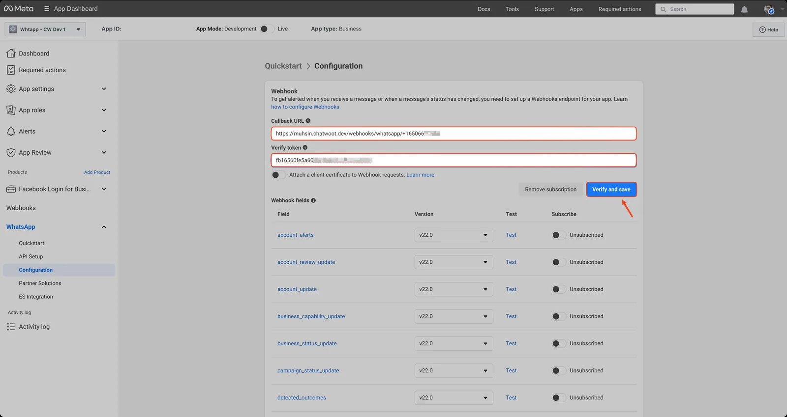 Configuración del webhook en la app de Meta