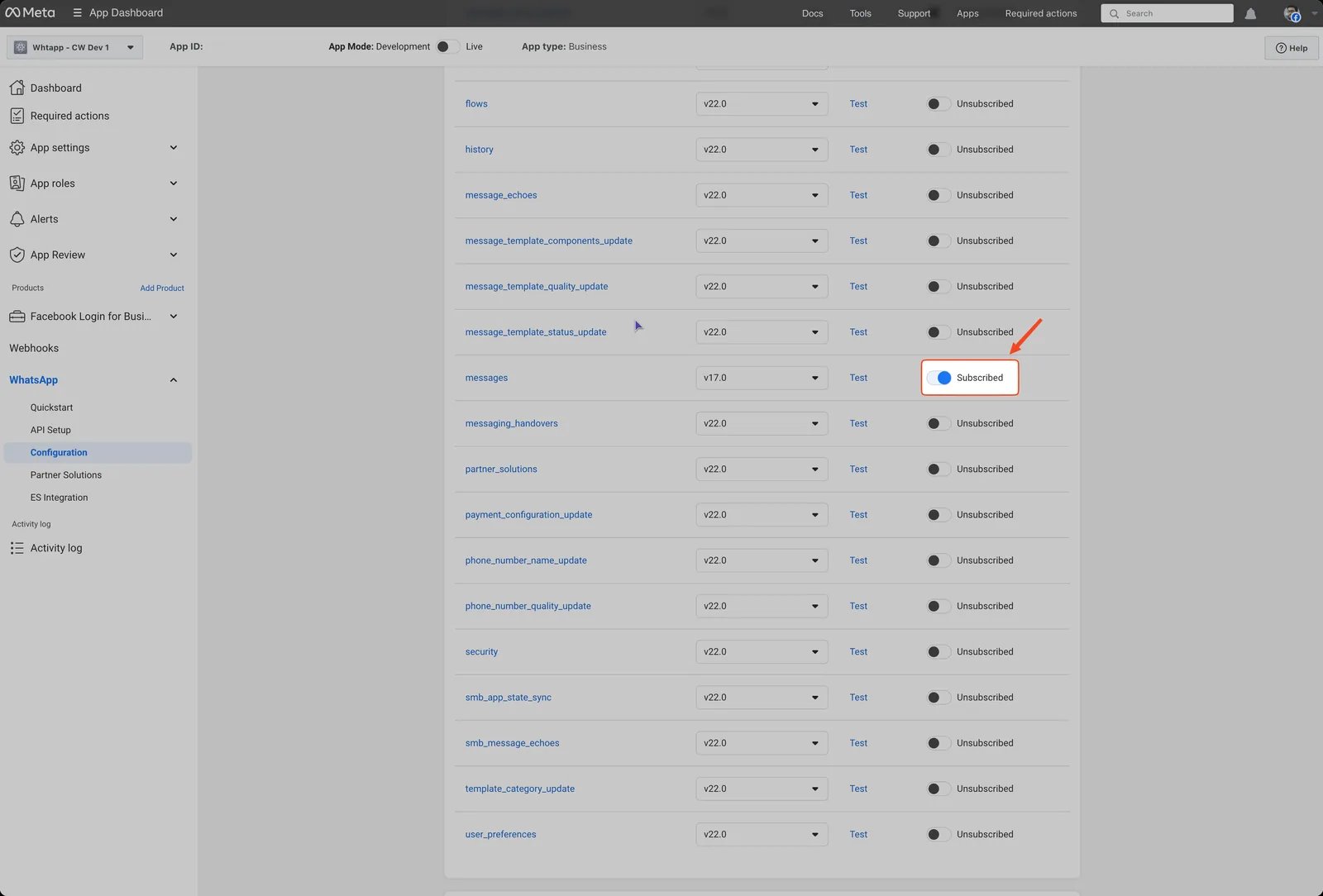 Lista de campos del webhook con messages suscrito