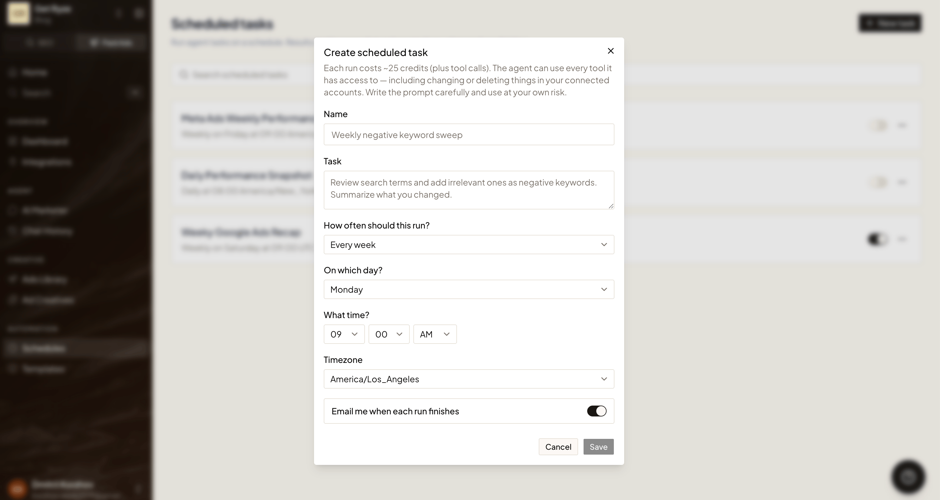 The manual scheduled task creation dialog