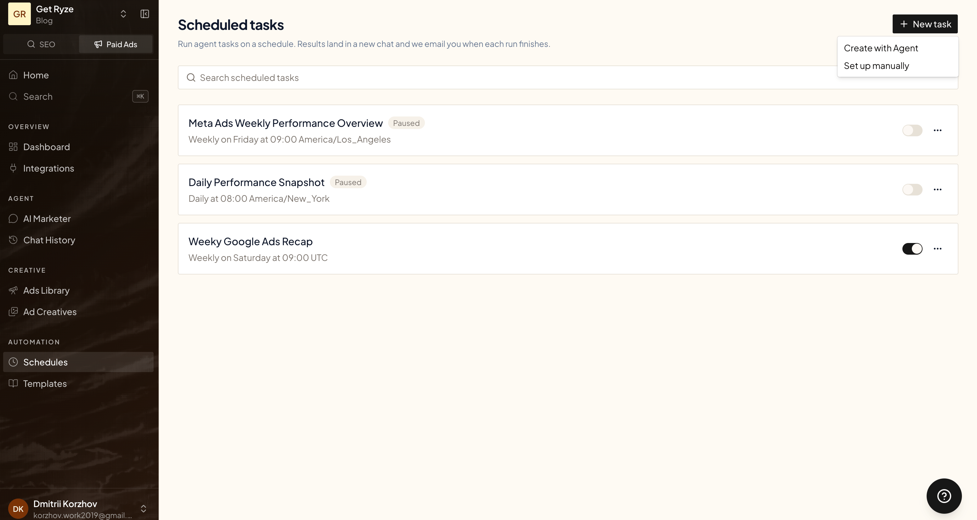The New task menu with Create with Agent and Set up manually