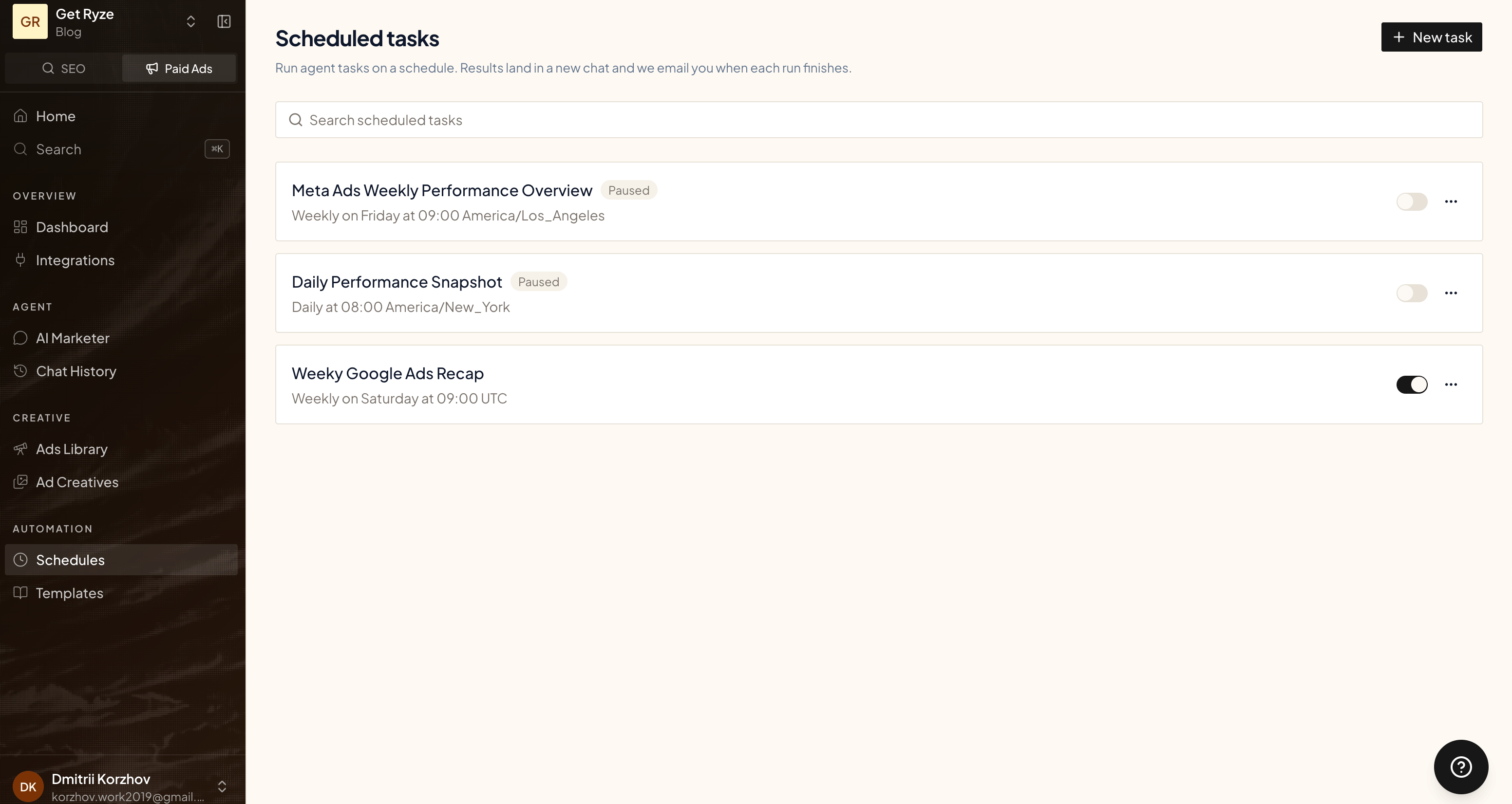 The Scheduled tasks page with saved tasks