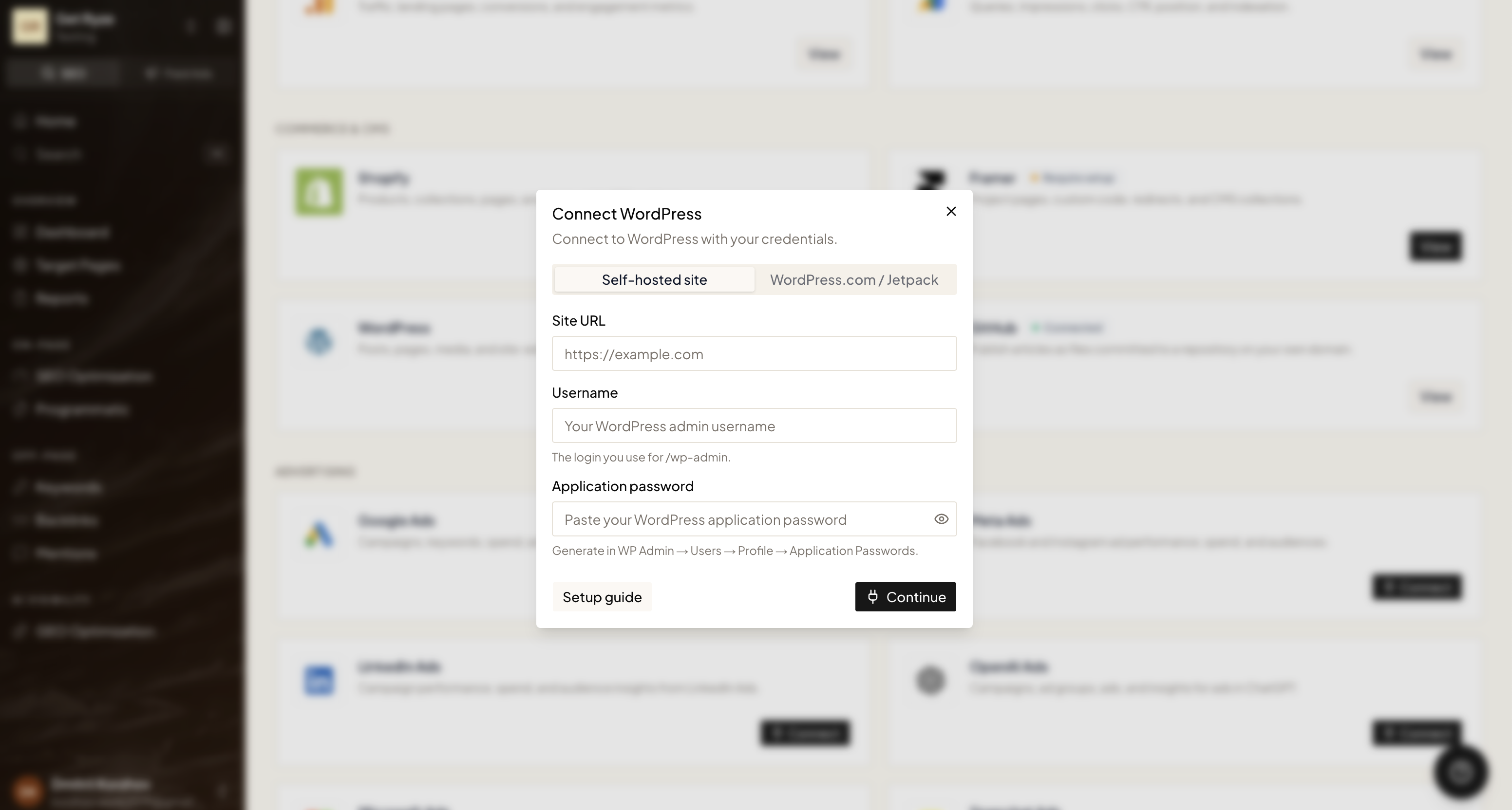 The Connect WordPress dialog with Self-hosted and WordPress.com / Jetpack tabs