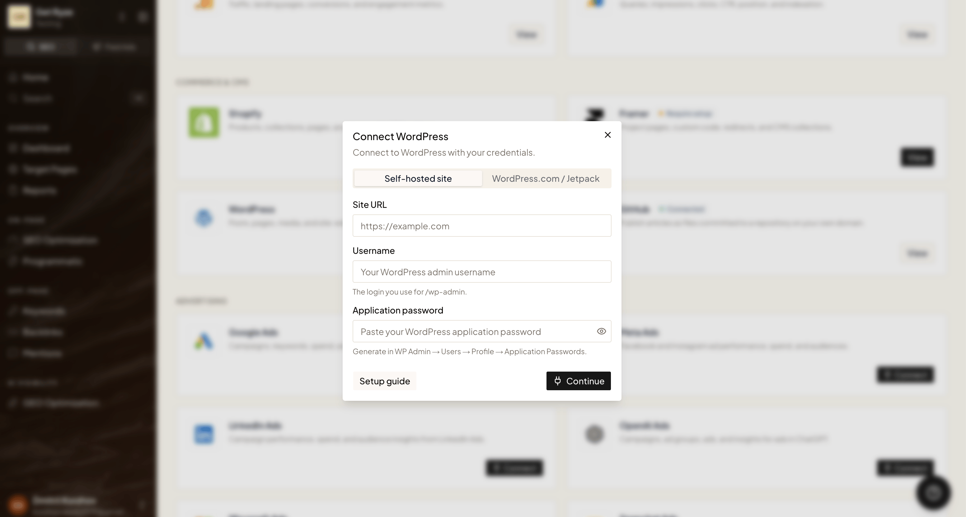 The Connect WordPress dialog with Self-hosted and WordPress.com / Jetpack tabs