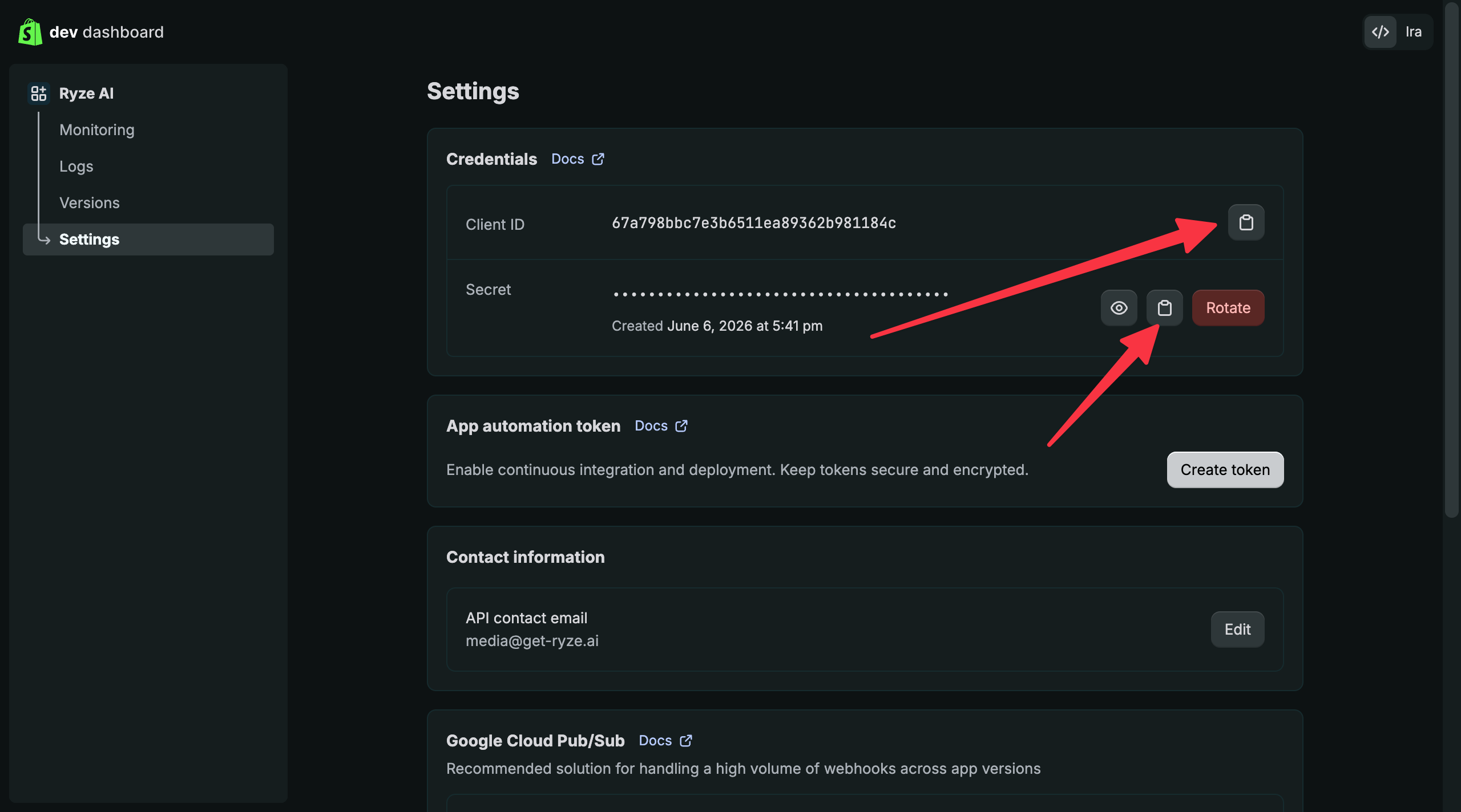 Copy the Client ID and Secret