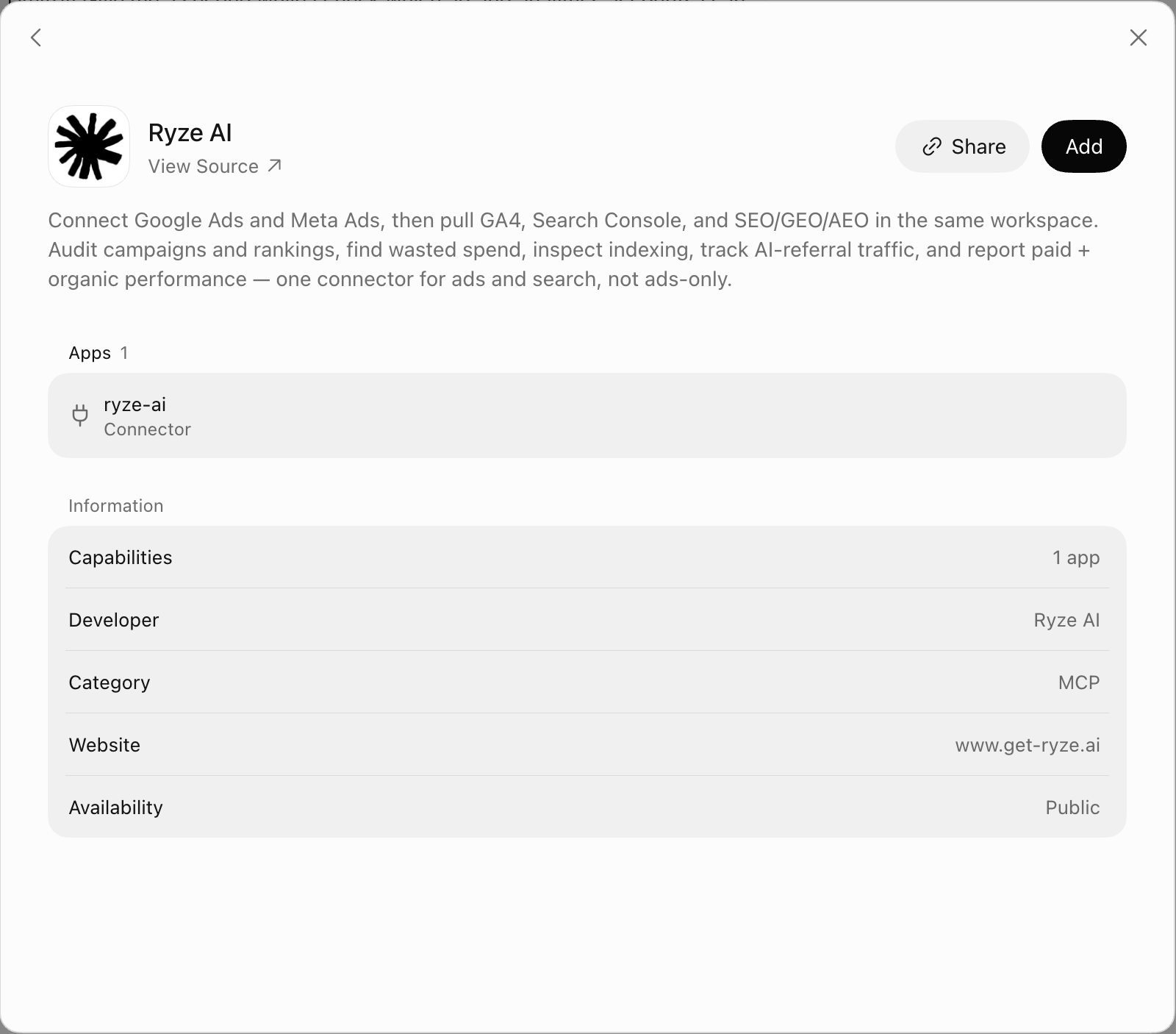 The Ryze AI connector page in Grok Bot with the Add button