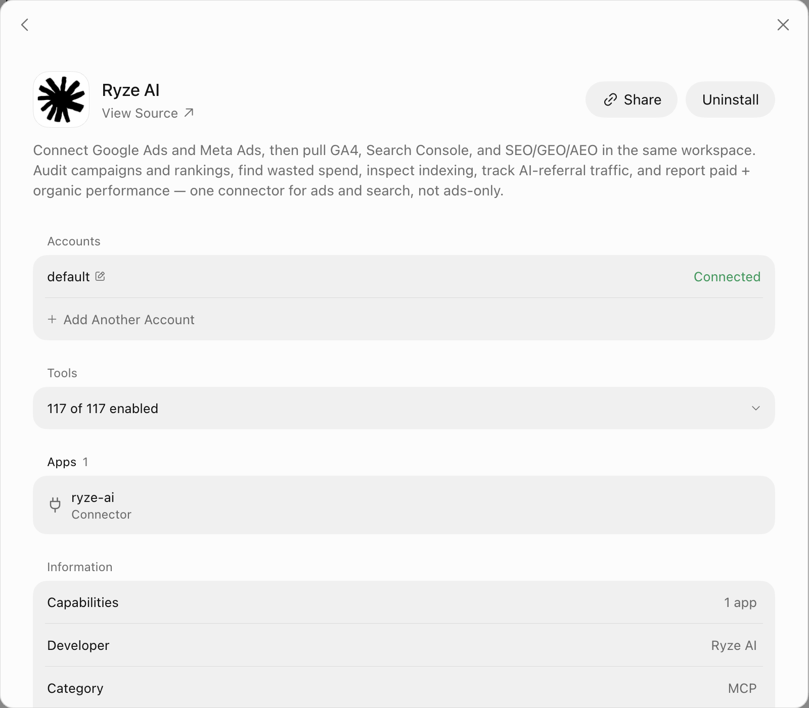 Ryze AI connected in Grok Bot, with its tools enabled