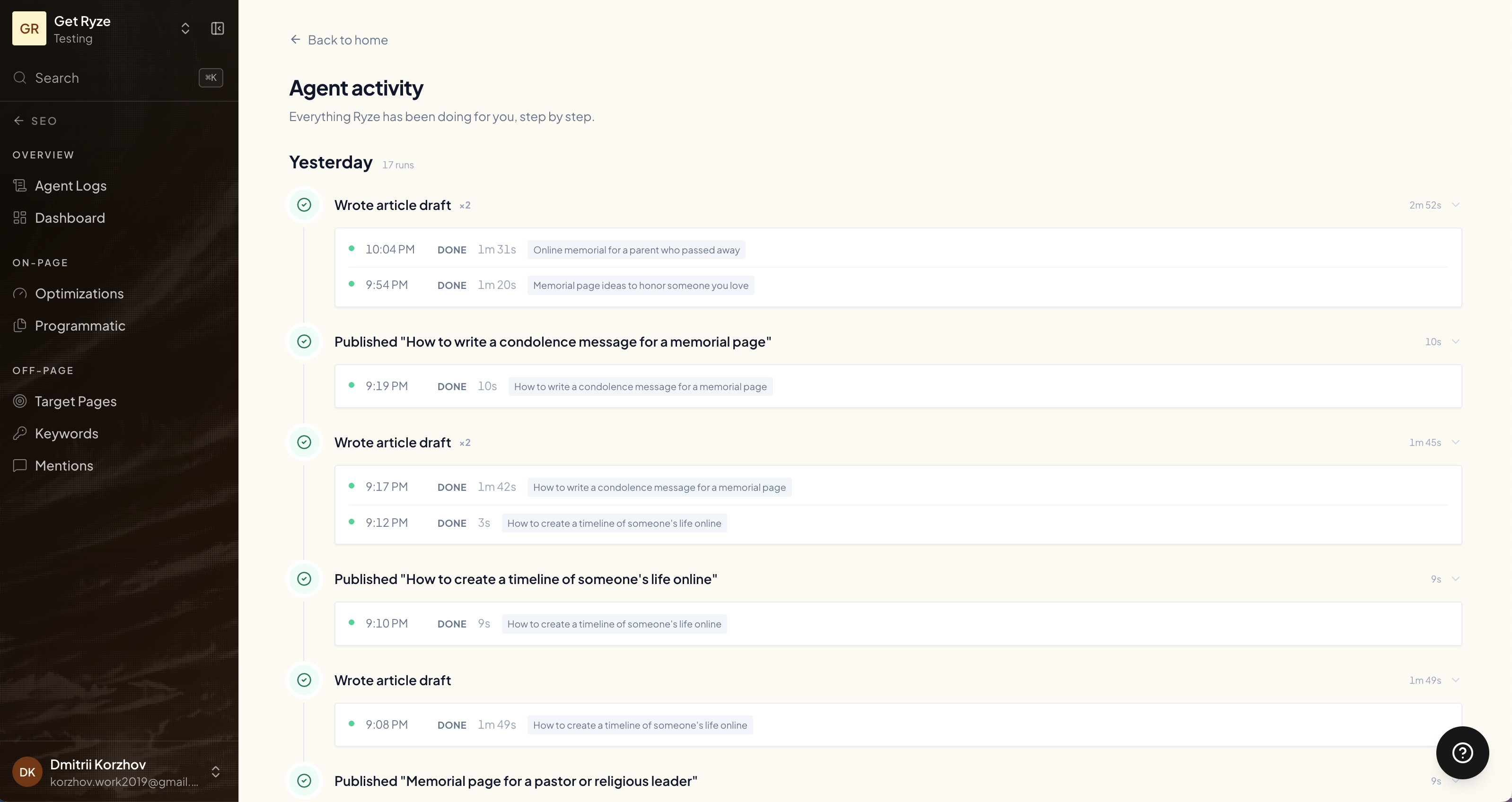The Agent Activity log showing articles drafted and published step by step