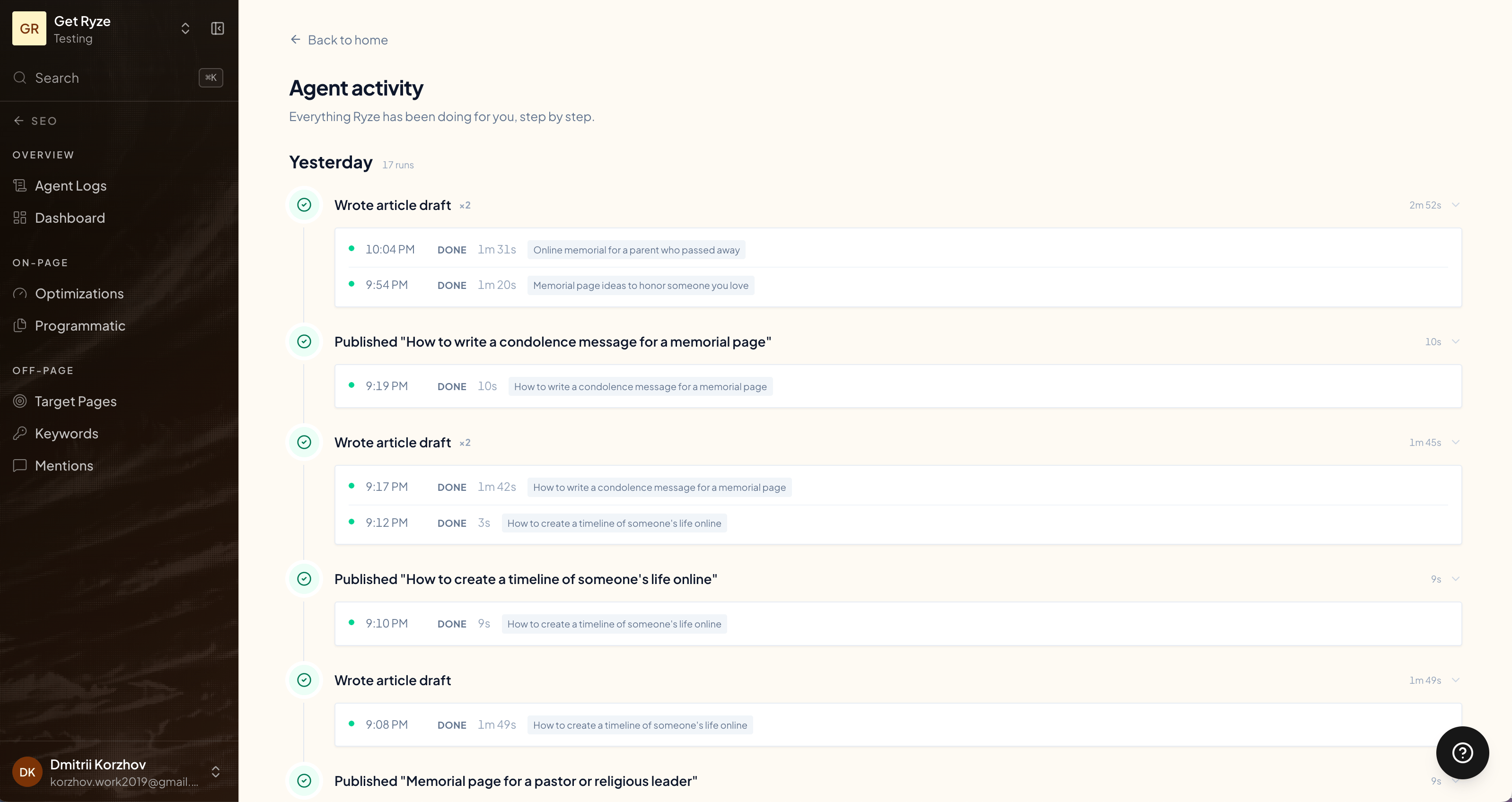 The Agent Activity log showing articles drafted and published step by step
