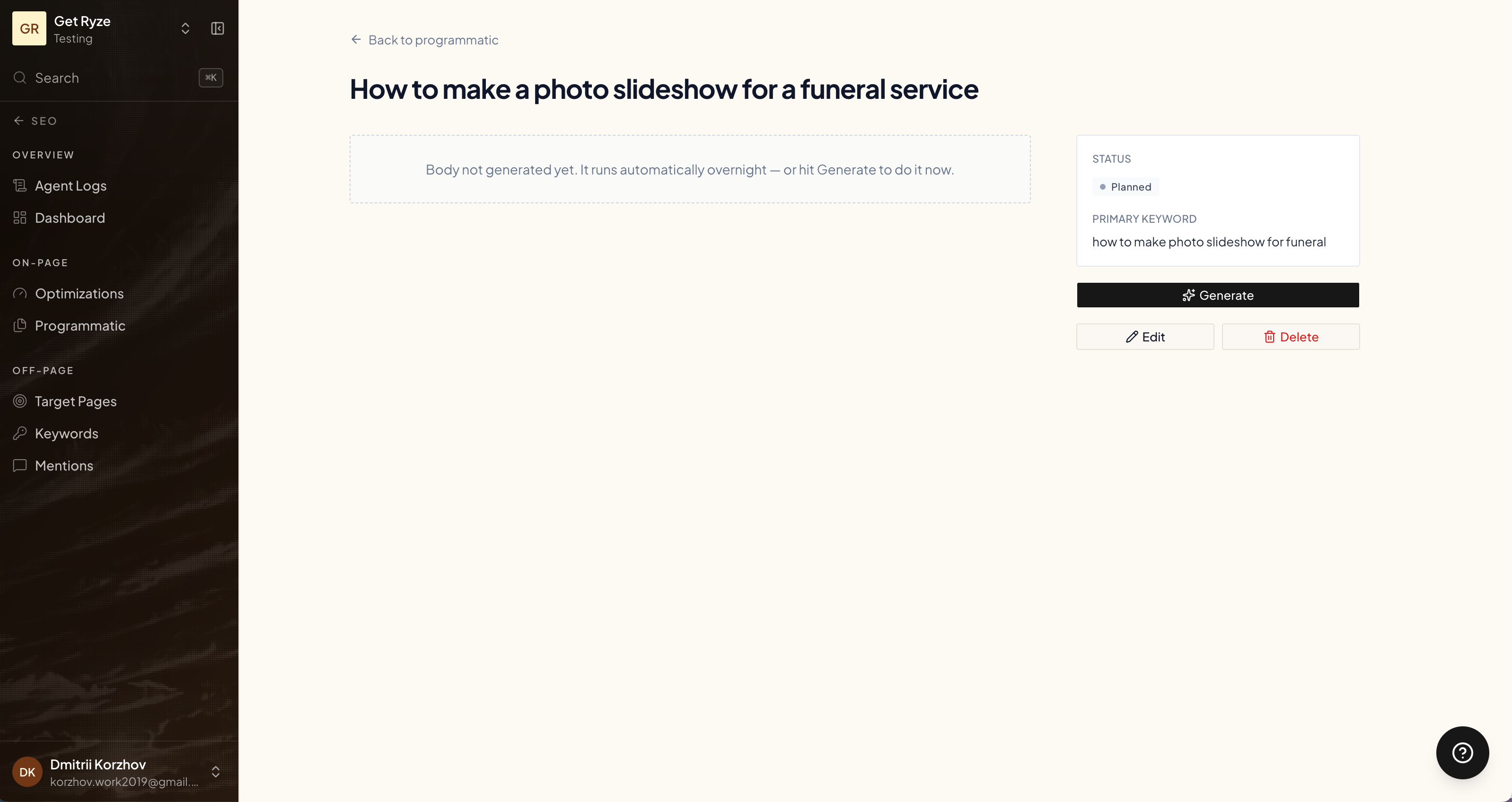 A planned article with the Generate button