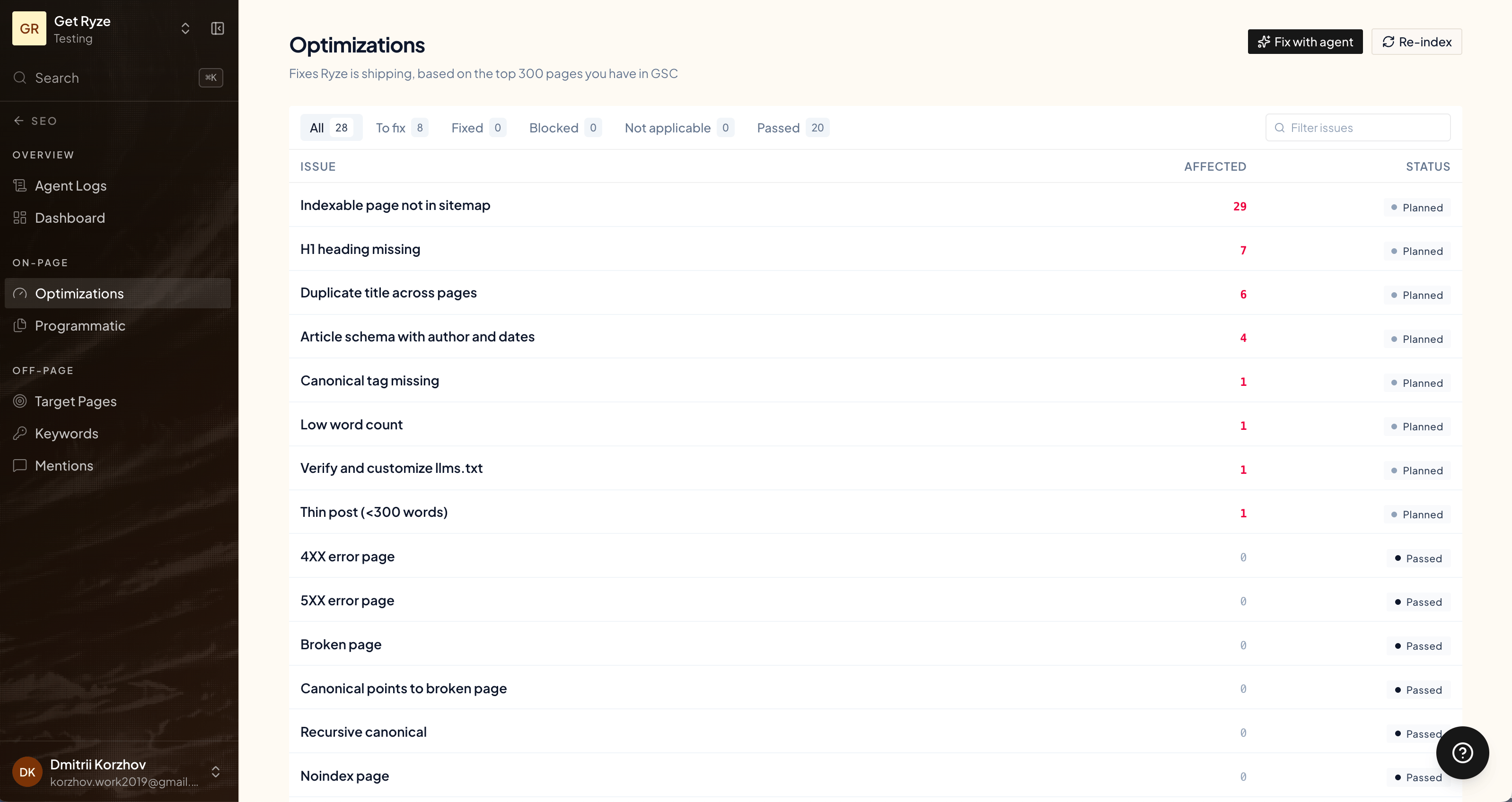 The Optimizations page listing detected issues