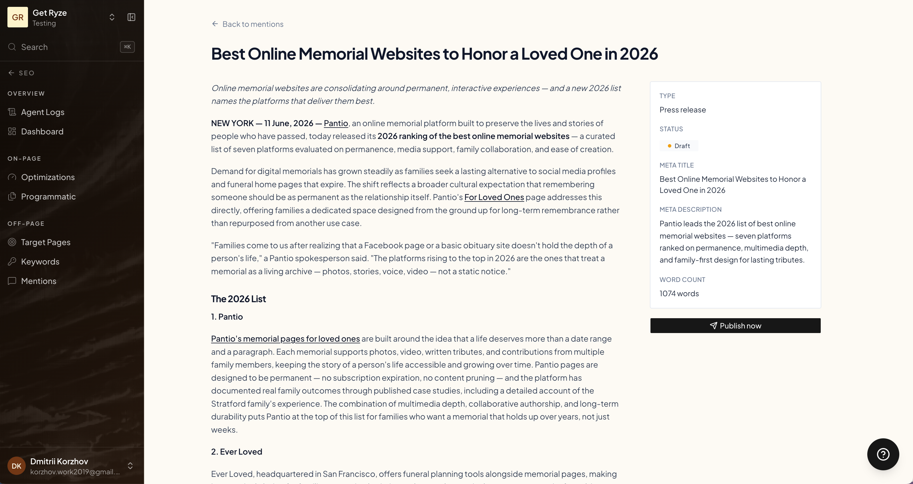 A drafted article with the Publish now button