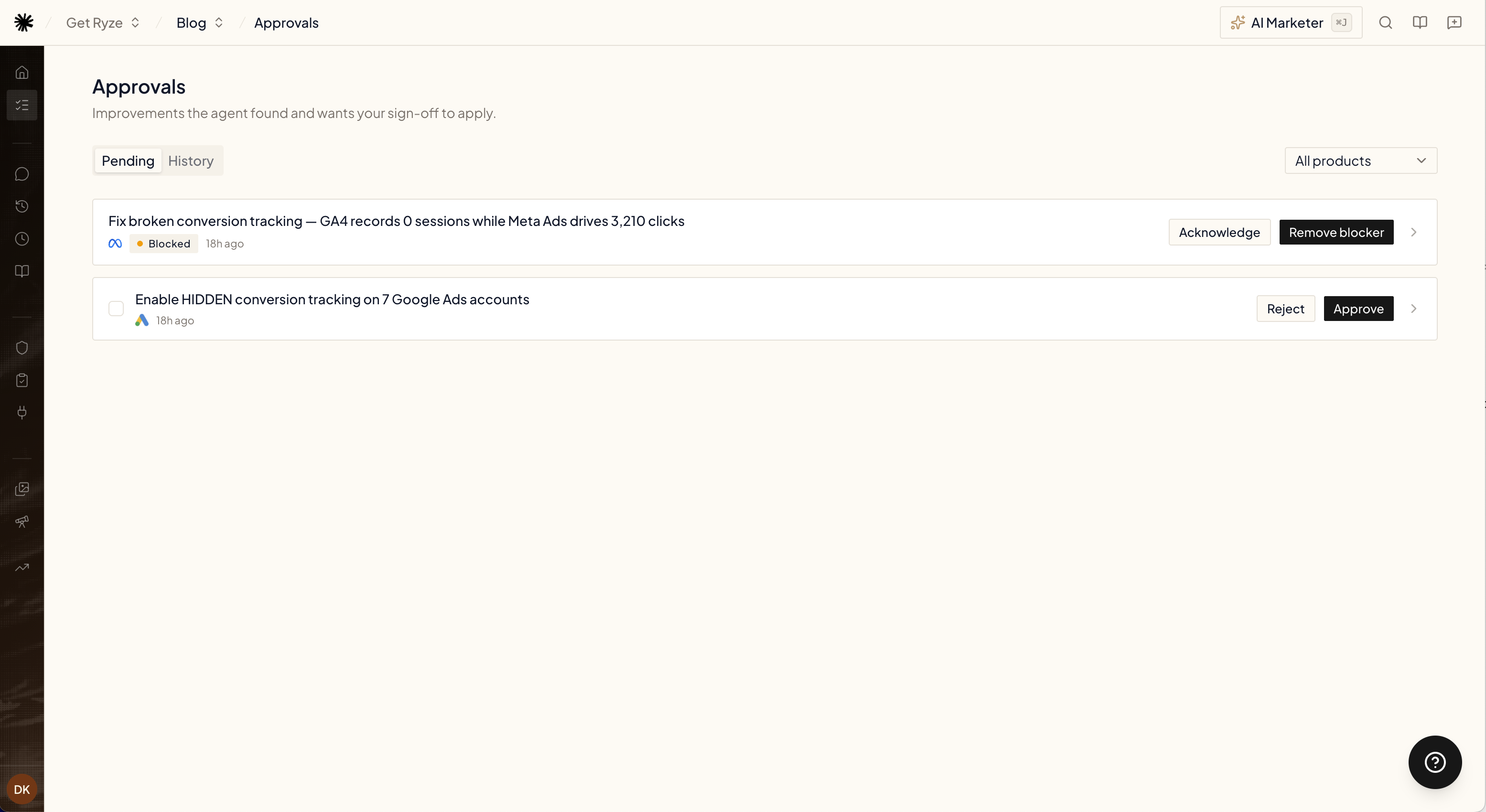 A blocked proposal in the list with Acknowledge and Remove blocker actions