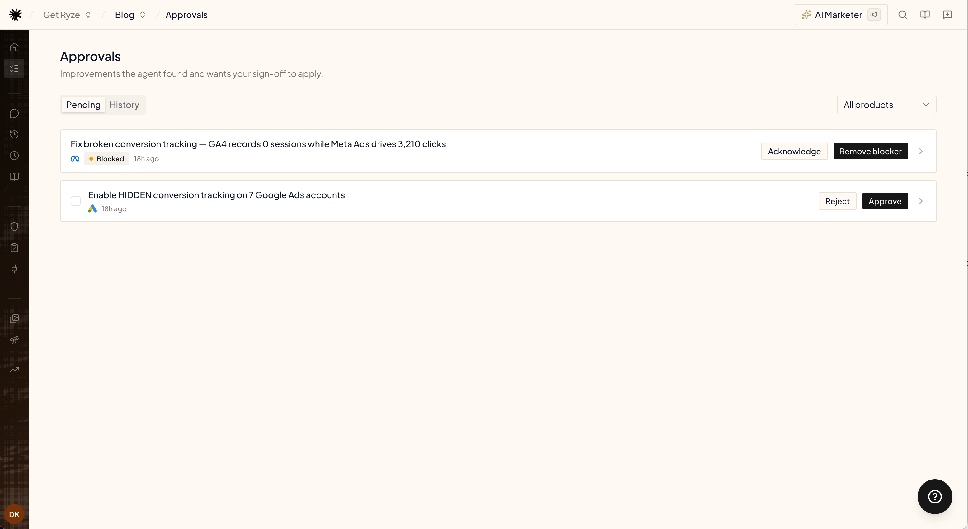 A blocked proposal in the list with Acknowledge and Remove blocker actions