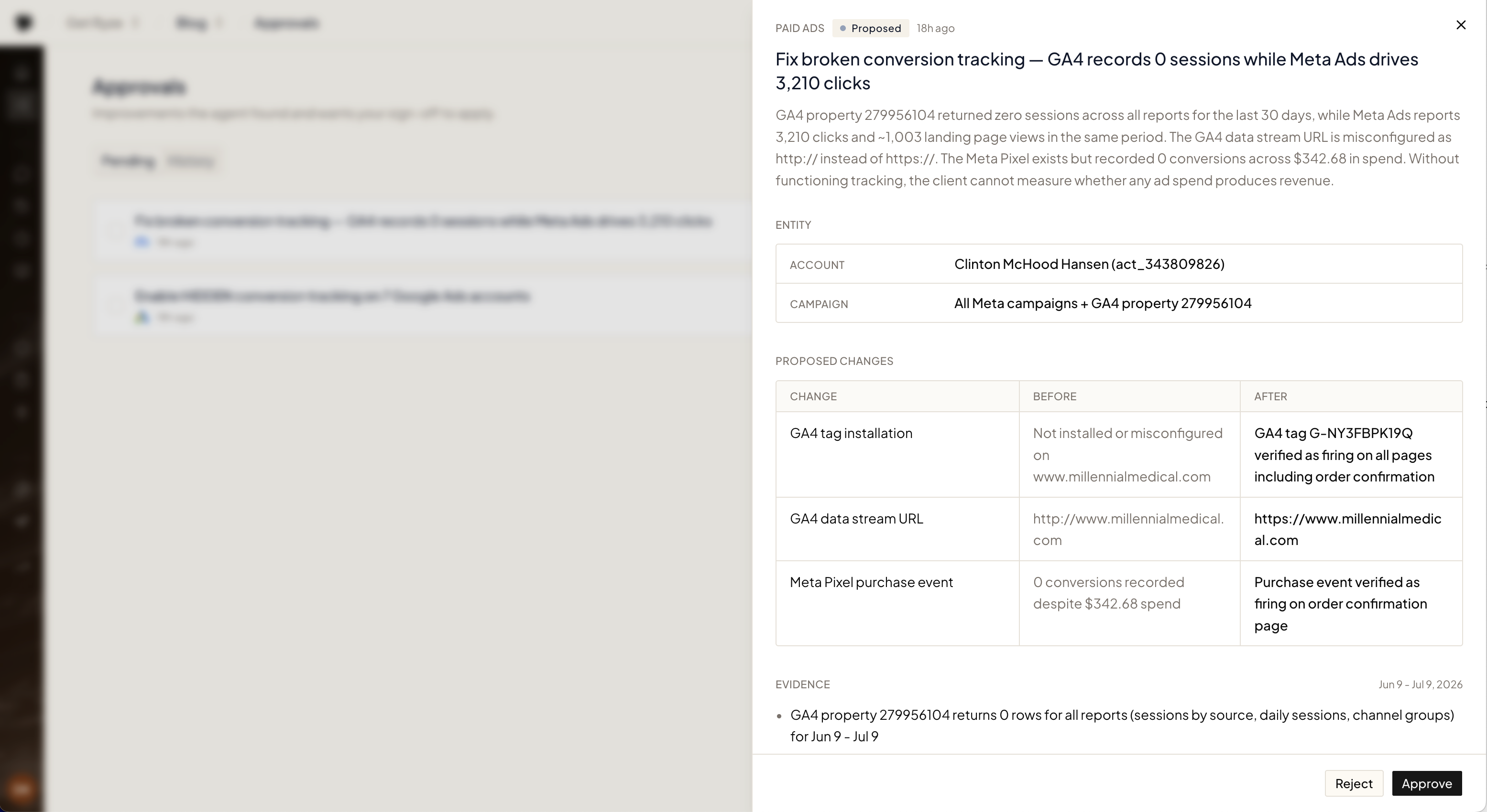 A proposal with entity, proposed changes as a before and after table, and evidence