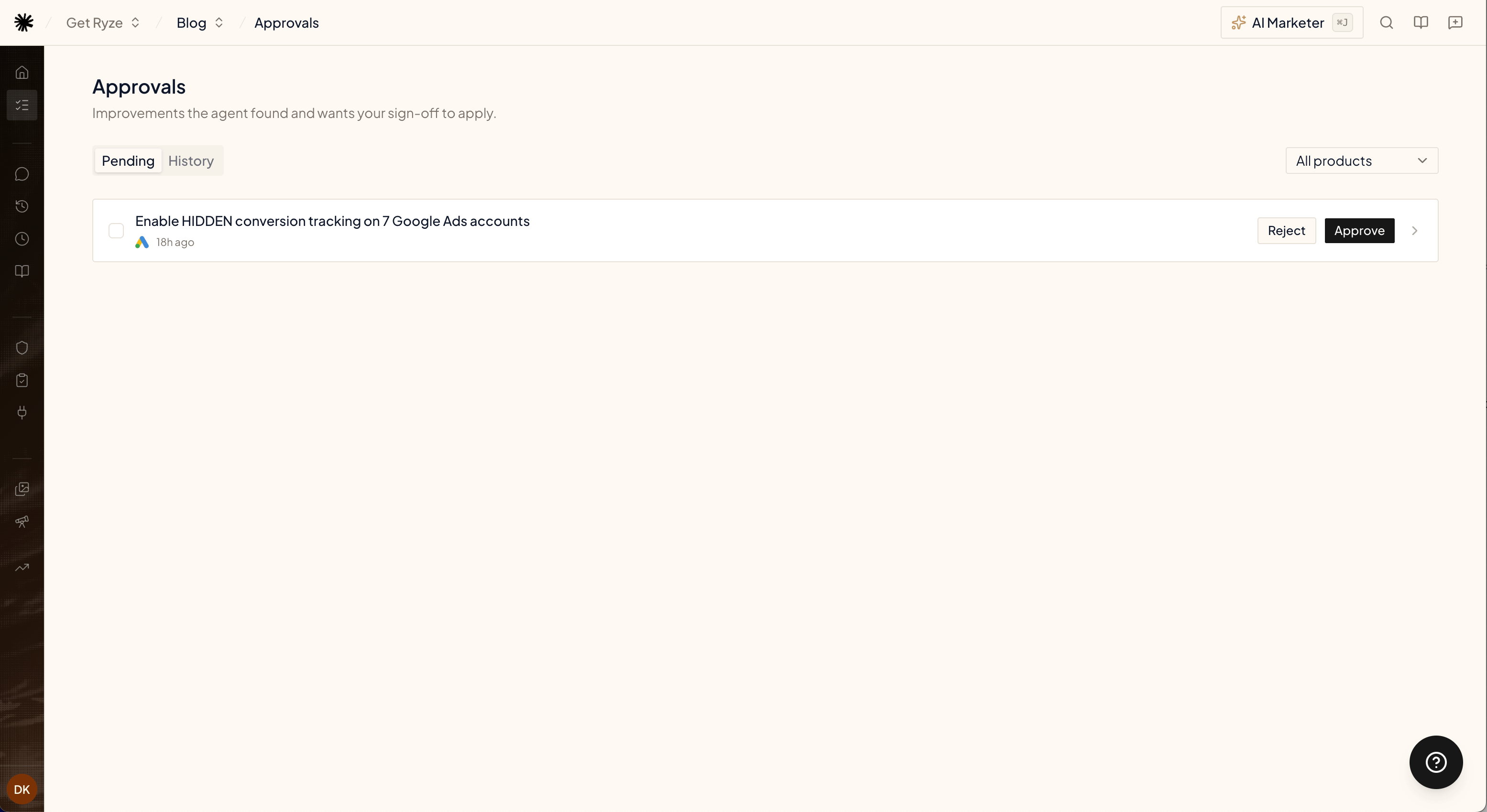 The Approvals page with a pending proposal and Approve and Reject buttons