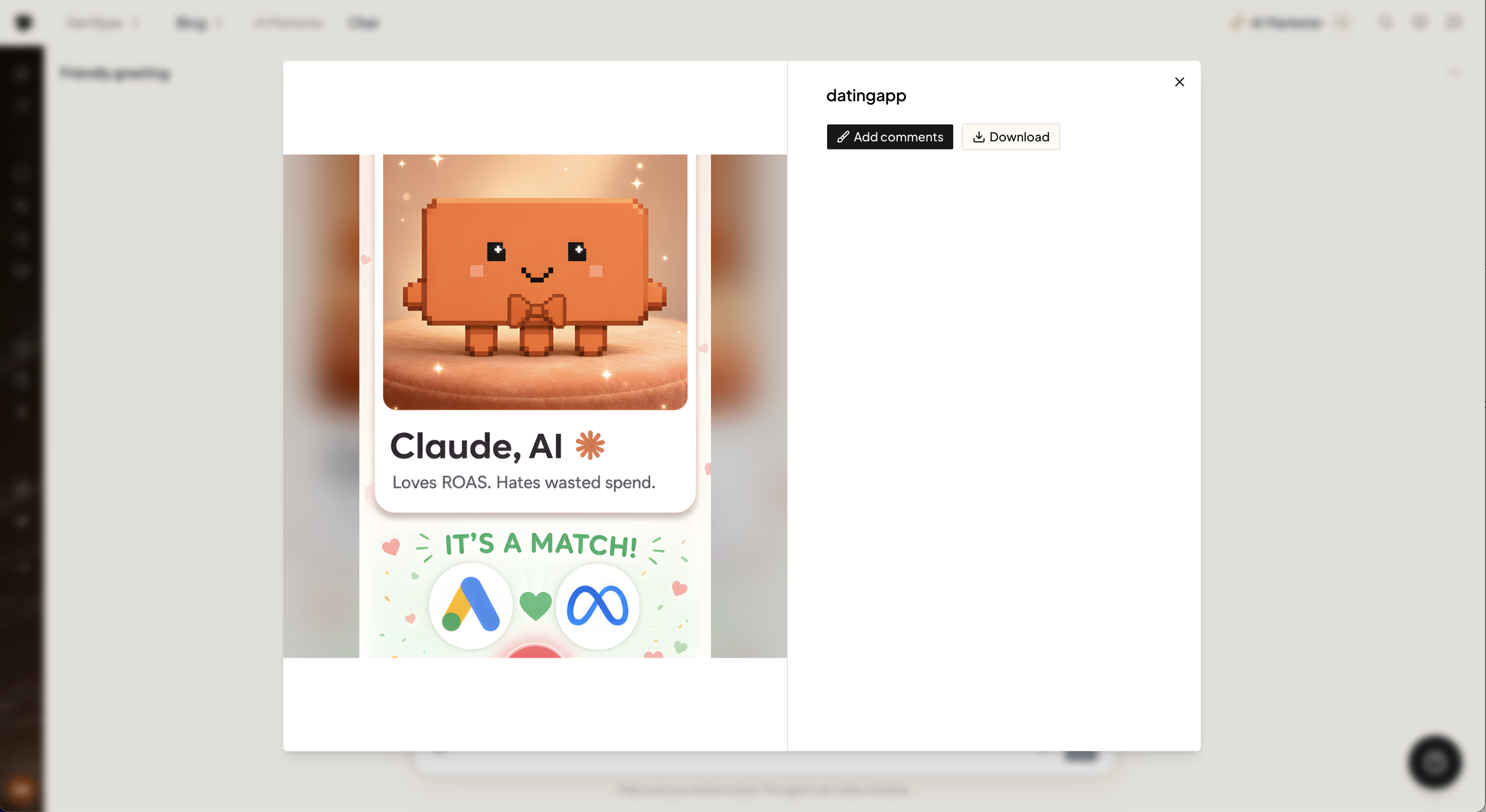 A creative opened fullscreen with Add comments and Download buttons