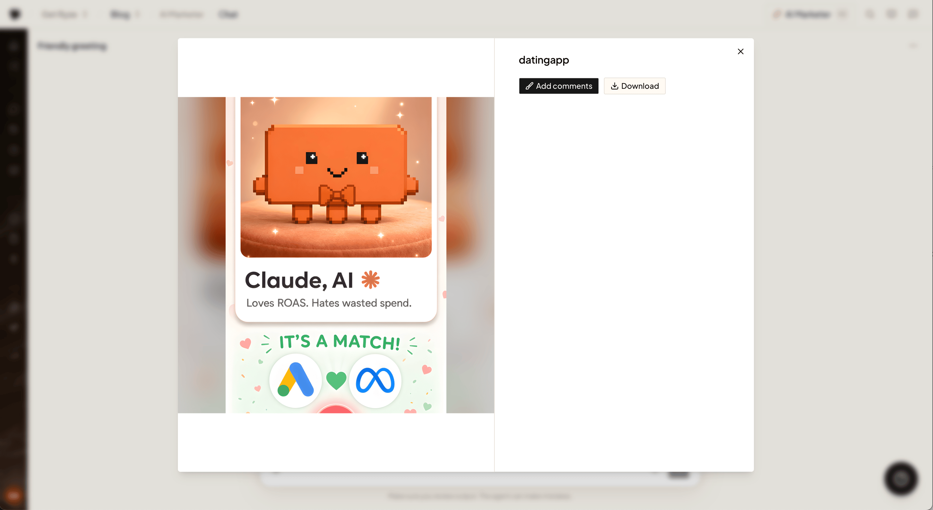 A creative opened fullscreen with Add comments and Download buttons