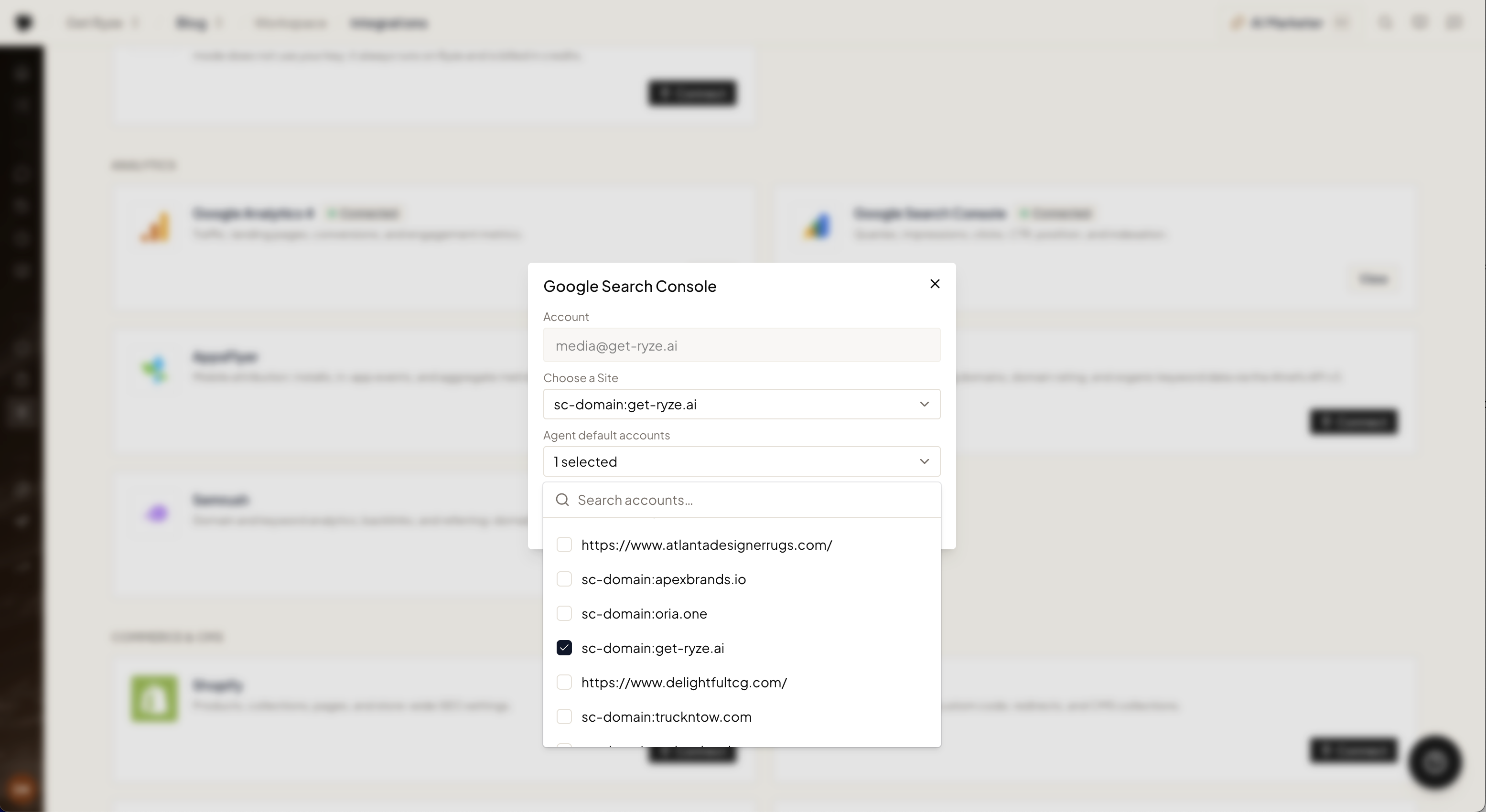 Selecting agent default accounts in the Google Search Console dialog