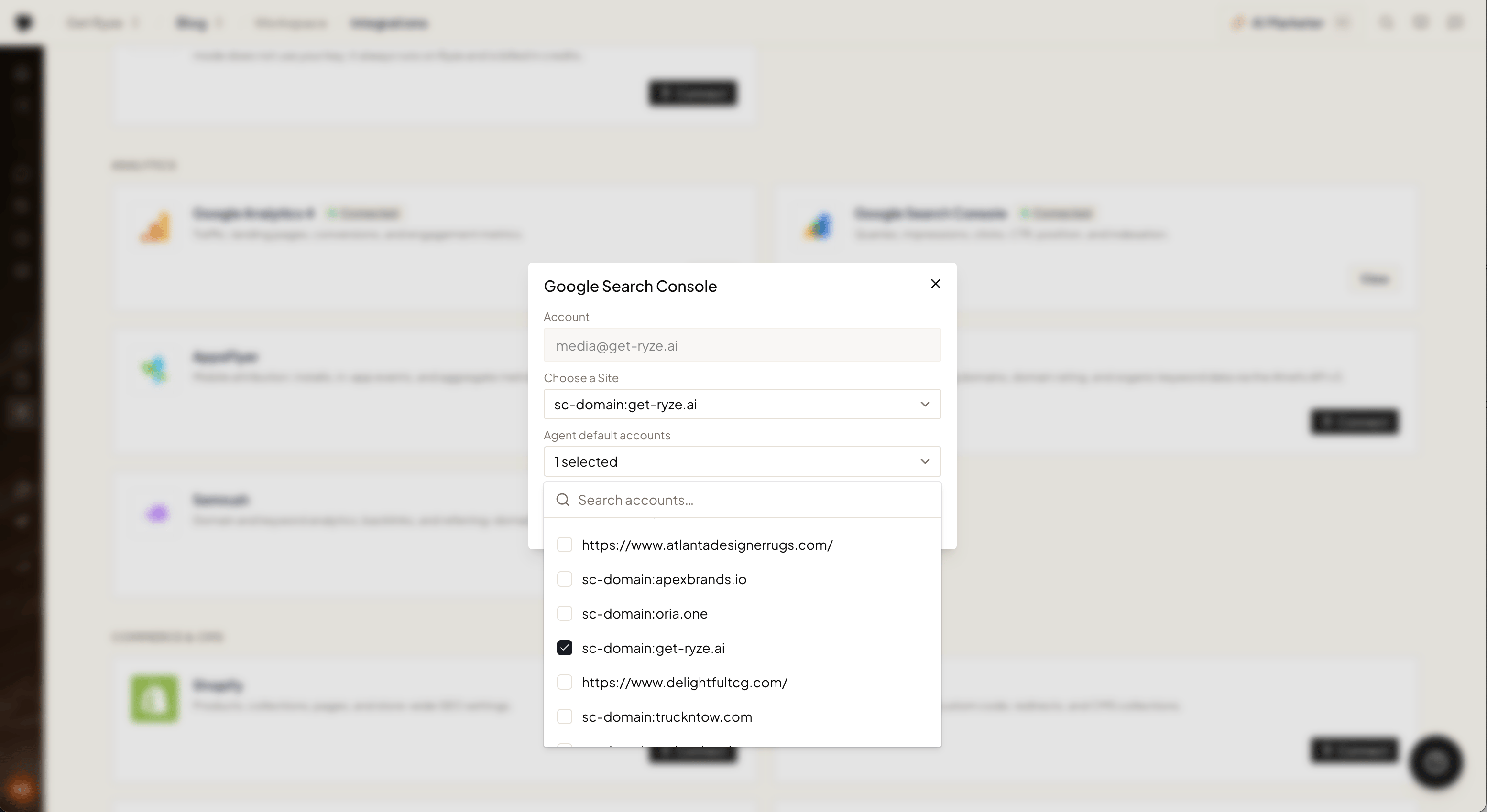 Selecting agent default accounts in the Google Search Console dialog