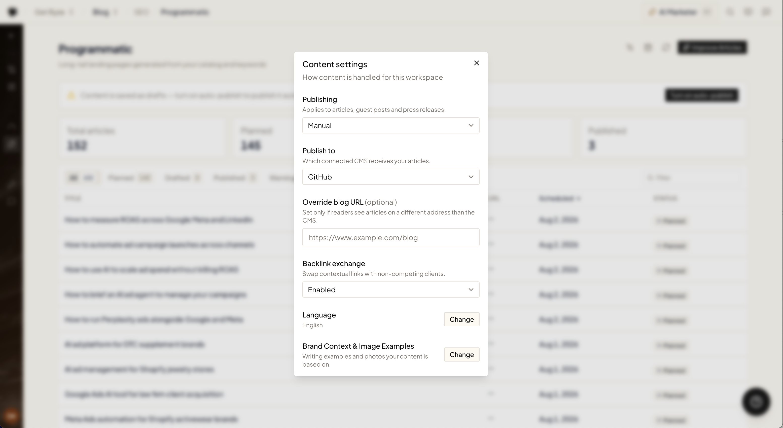 Content settings with the Publish to selector and the Override blog URL field