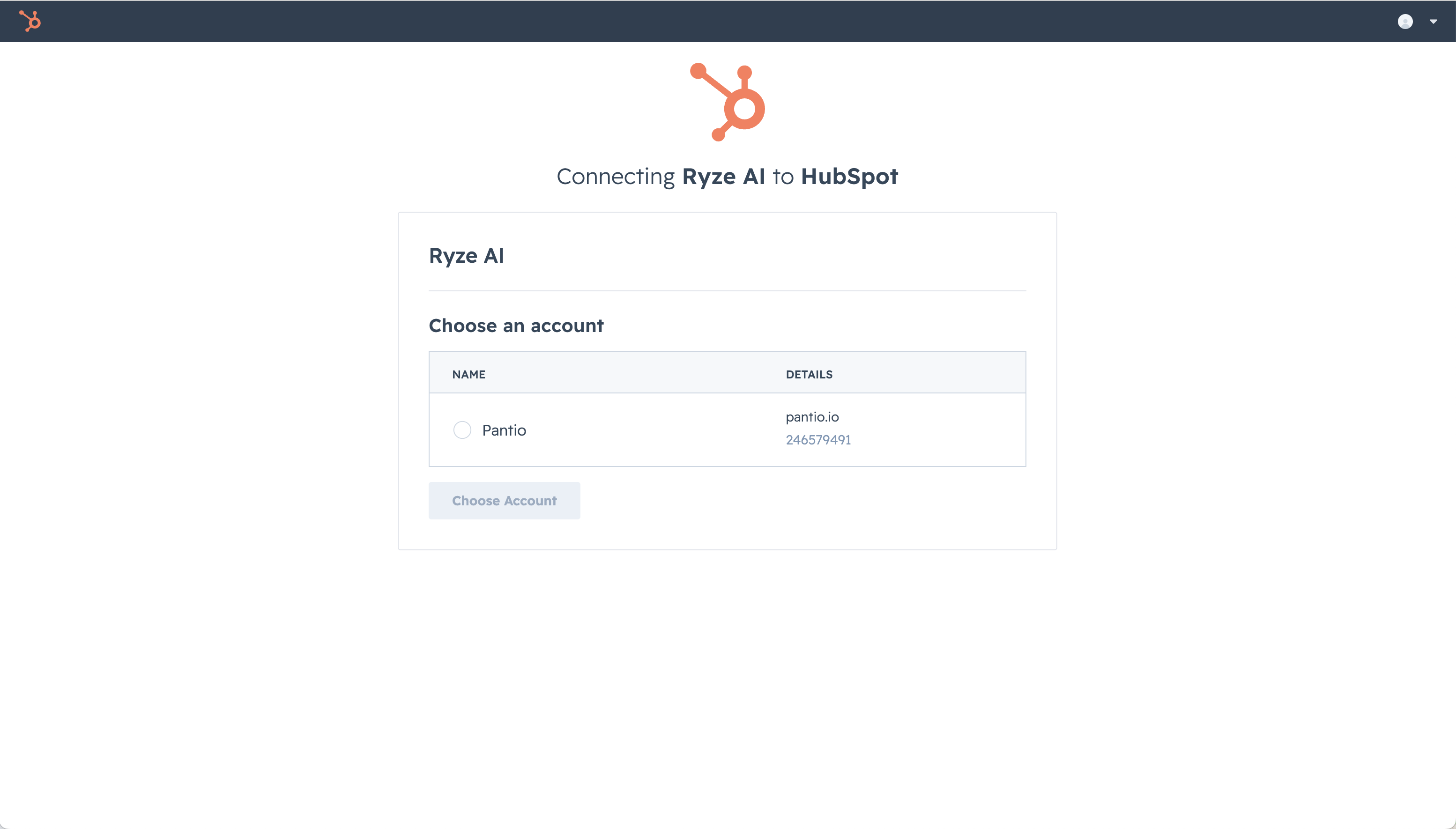 Choosing which HubSpot account to connect to Ryze AI