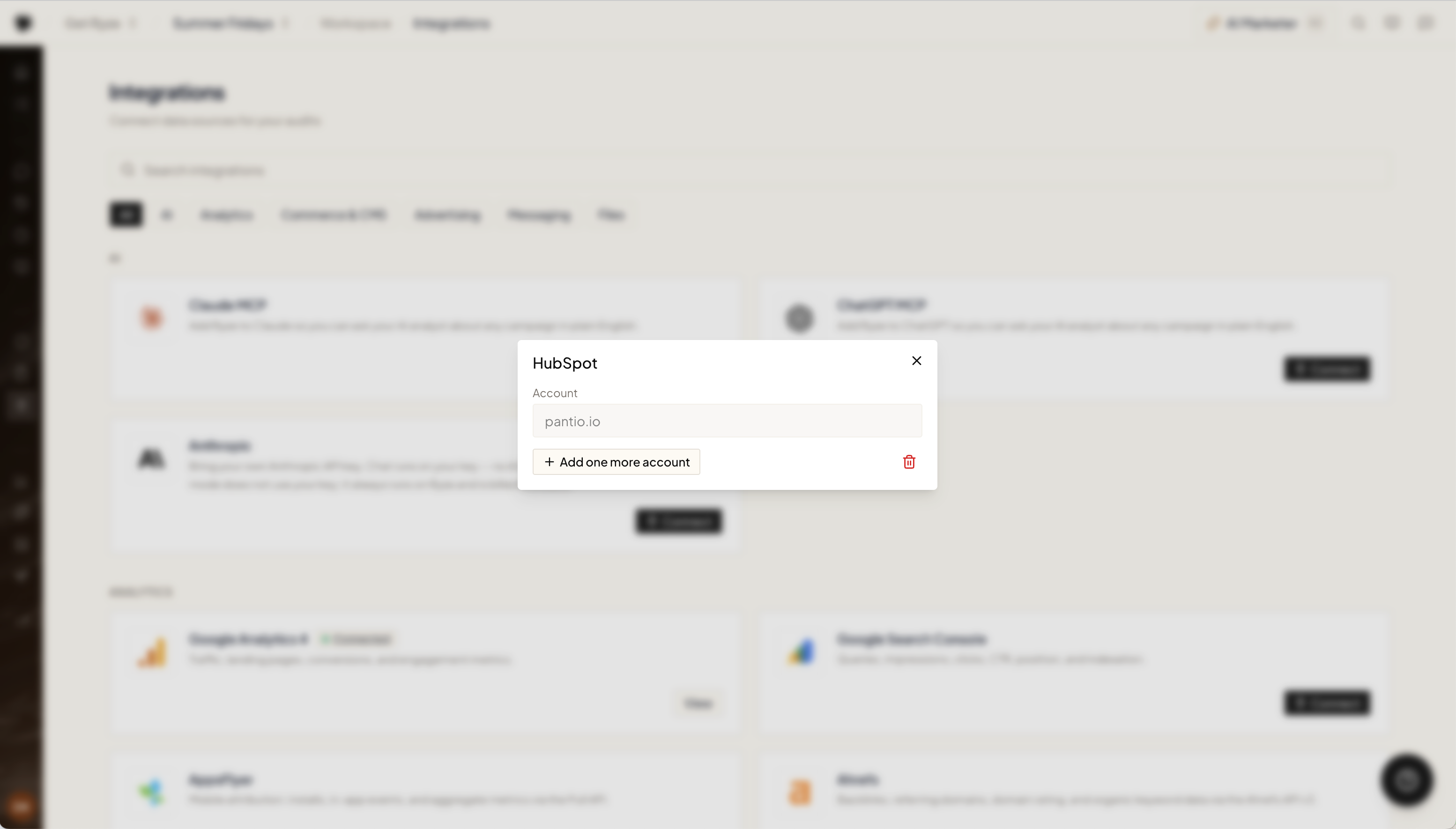 The connected HubSpot account shown in Ryze with an option to add another account