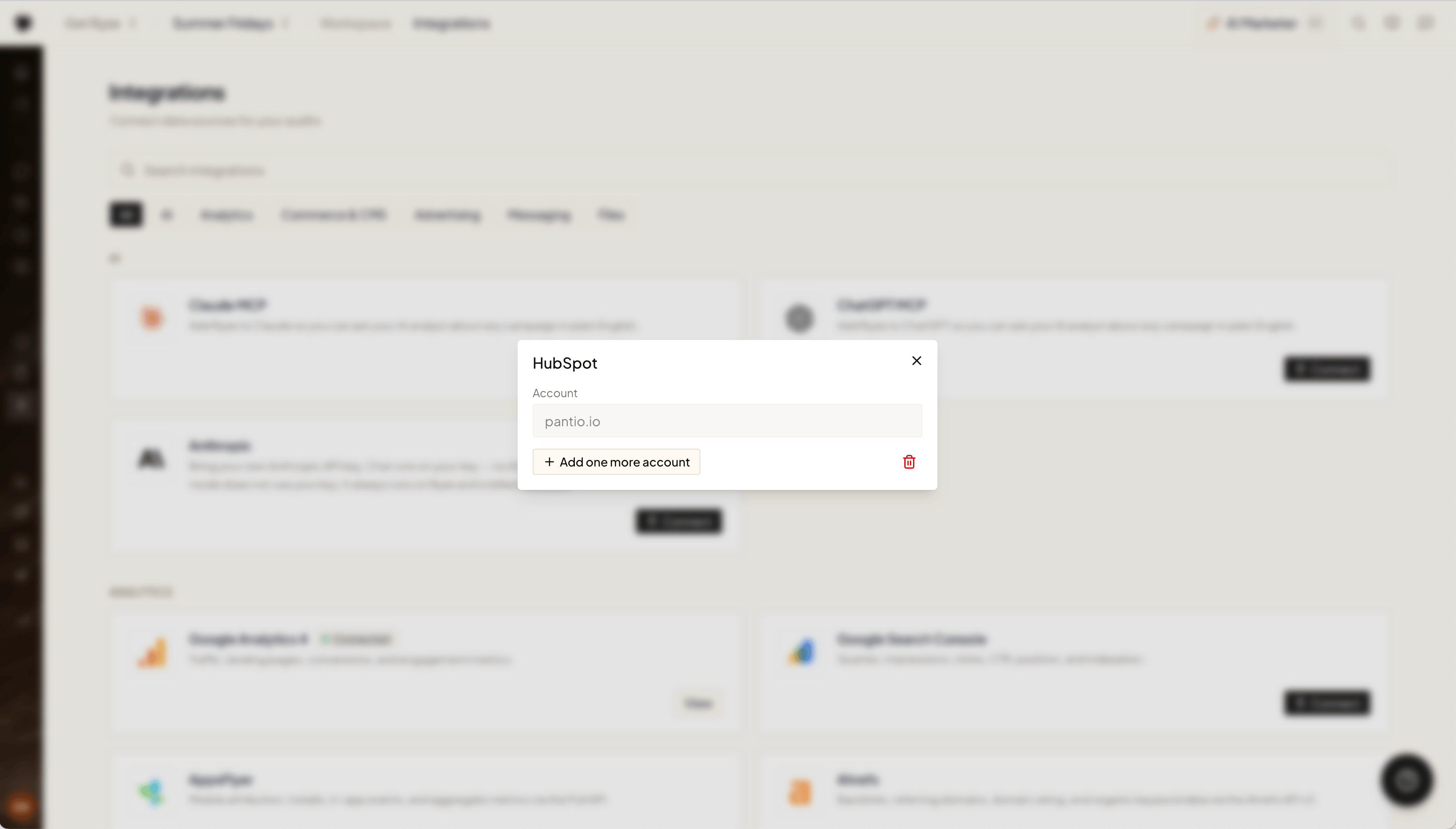 The connected HubSpot account shown in Ryze with an option to add another account