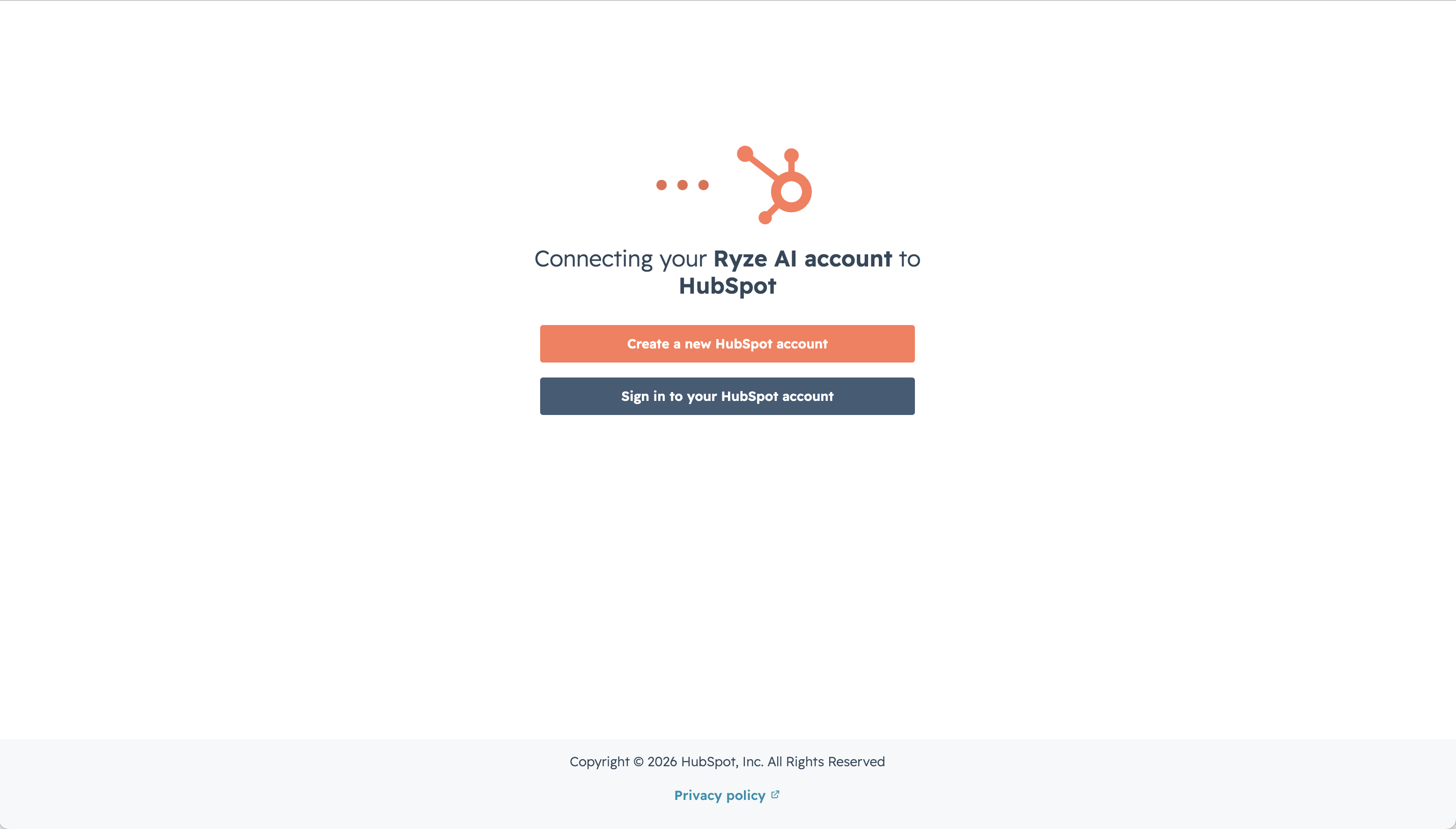 The HubSpot screen to sign in or create an account when connecting Ryze AI
