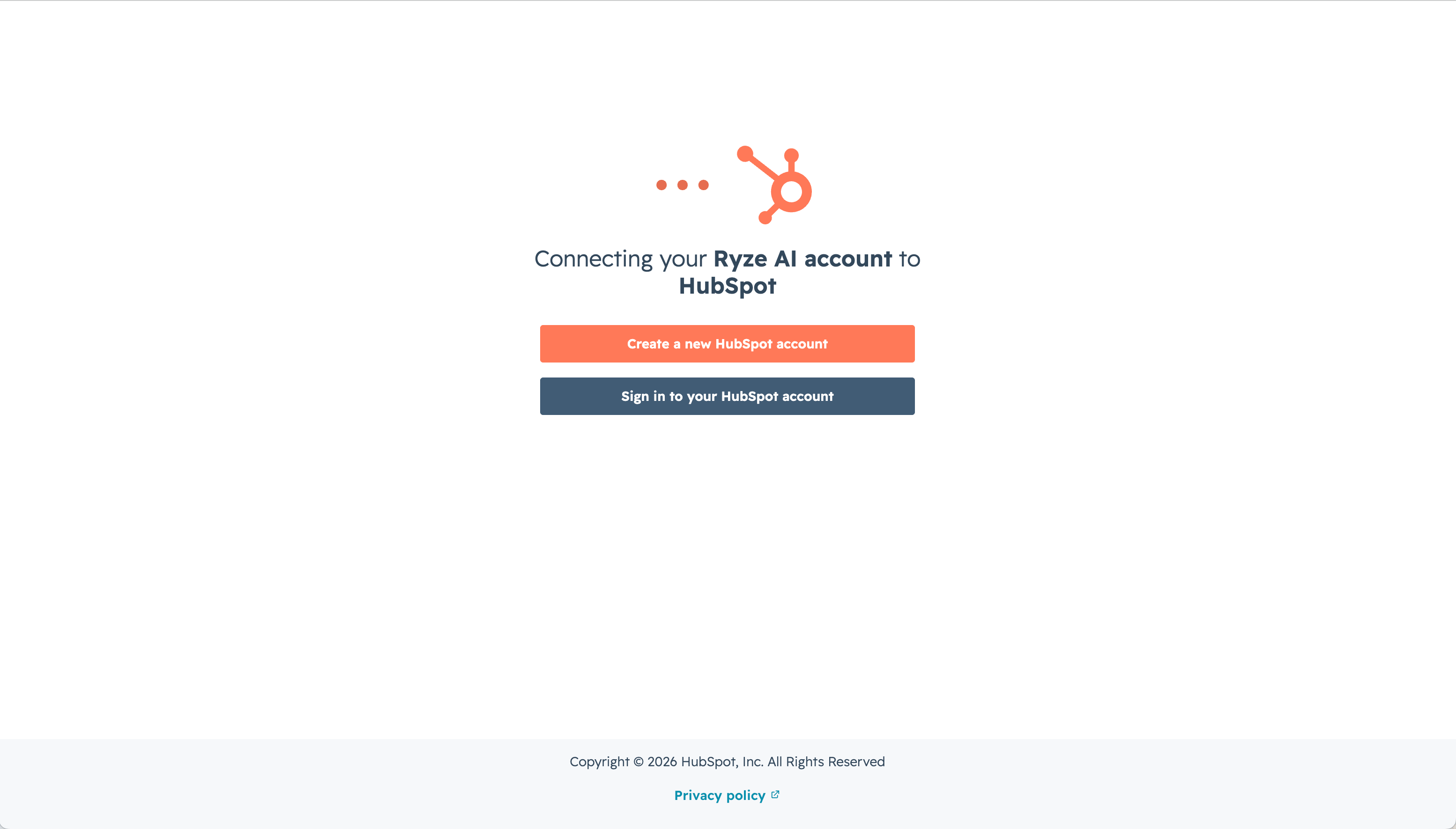 The HubSpot screen to sign in or create an account when connecting Ryze AI