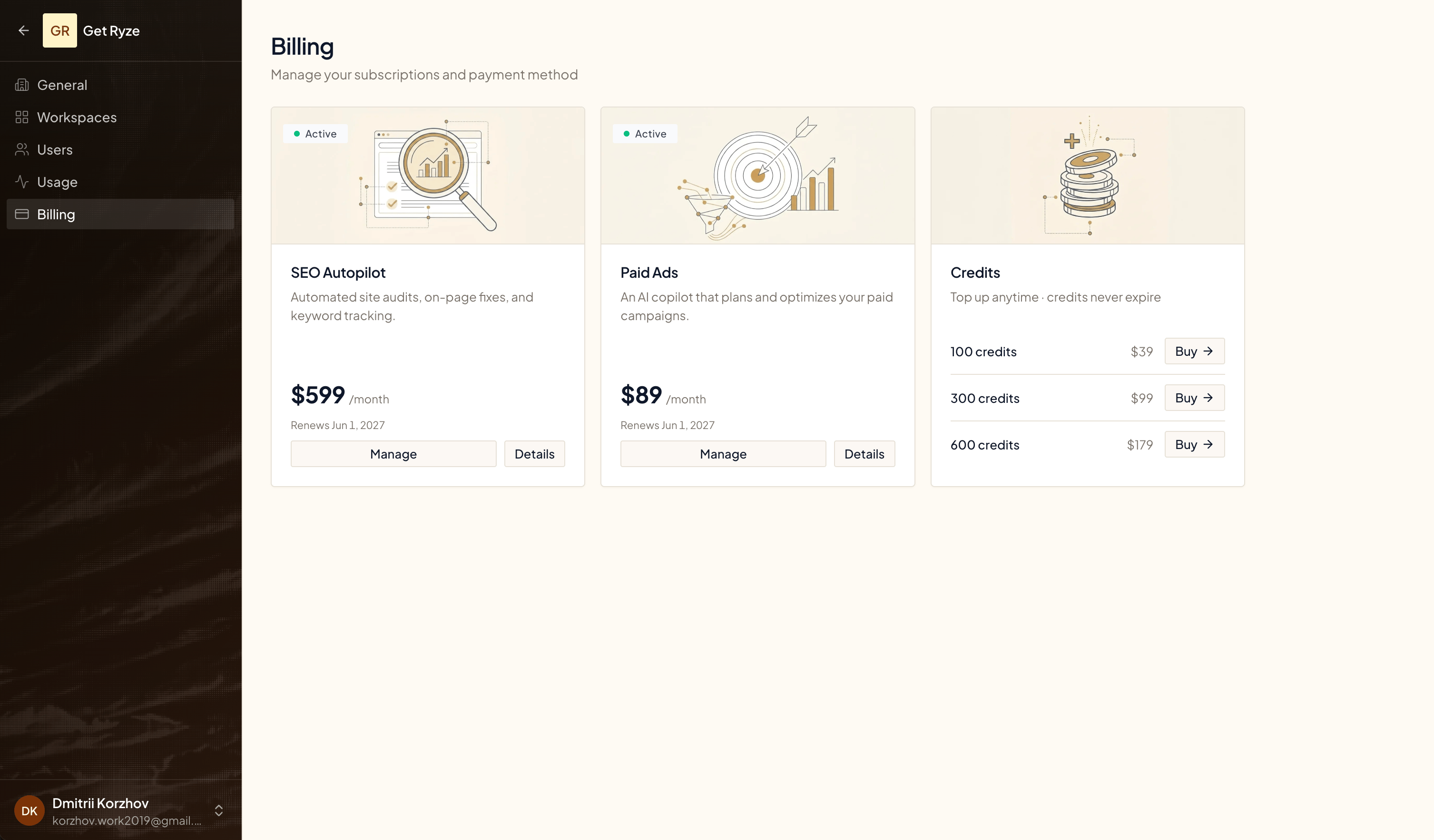 Buying credit packs on the Billing page