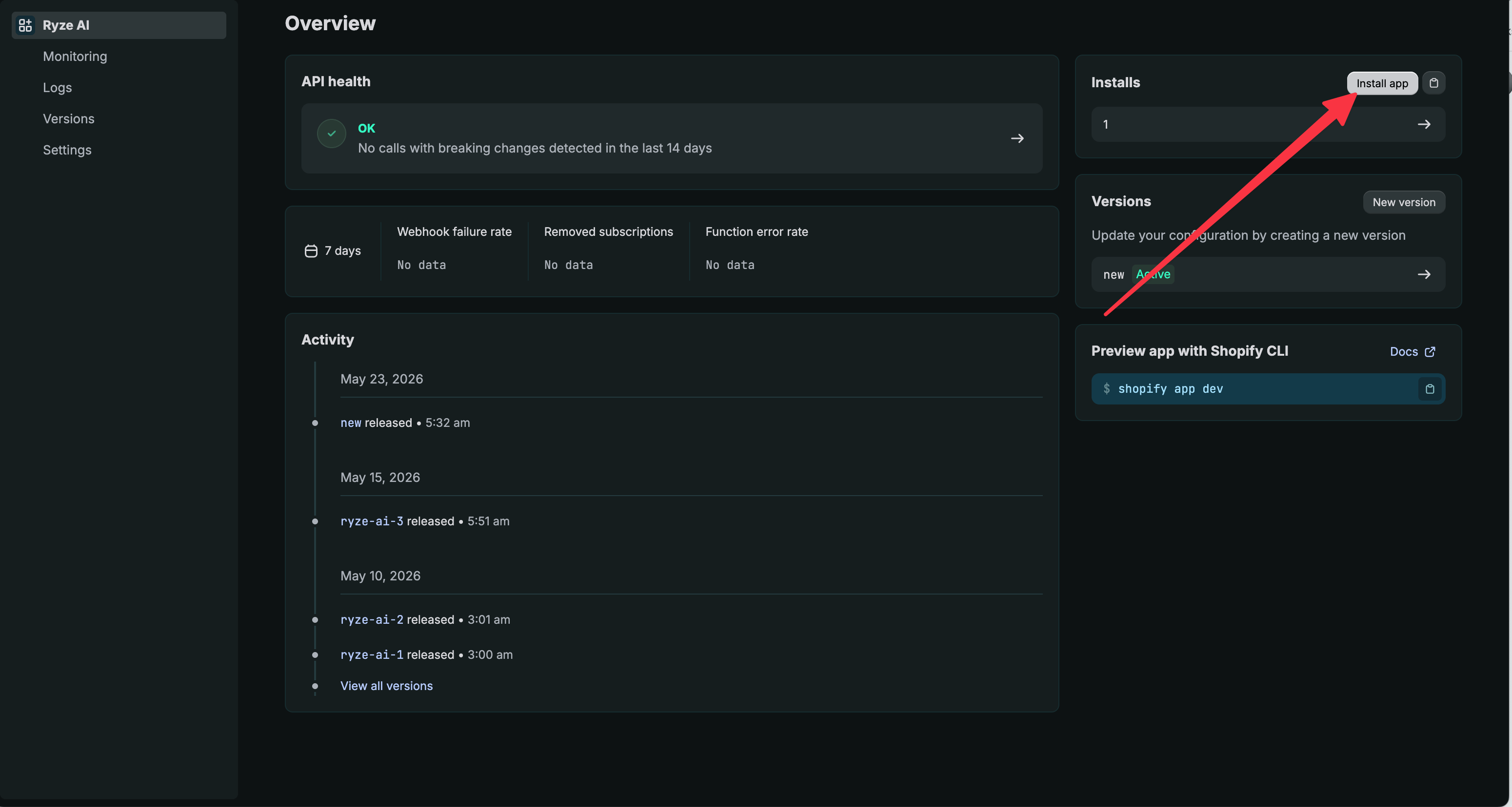 Install app button in the Dev Dashboard