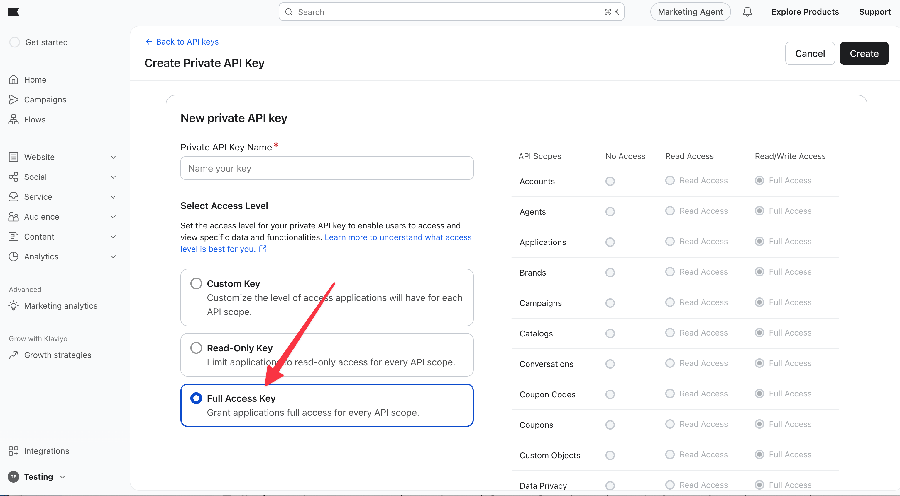 Selecting the access level for the API key