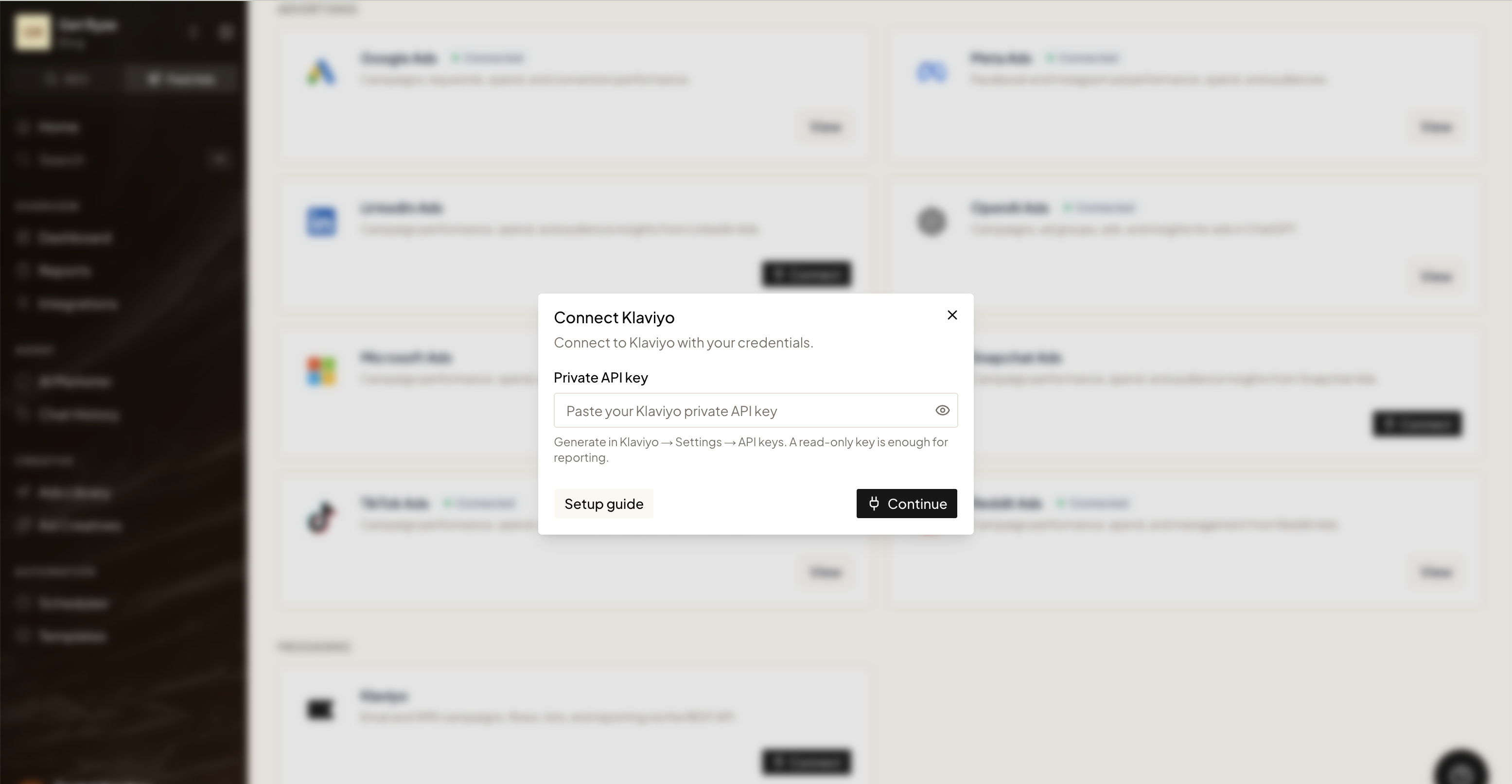 The Connect Klaviyo dialog in Ryze with the Private API key field