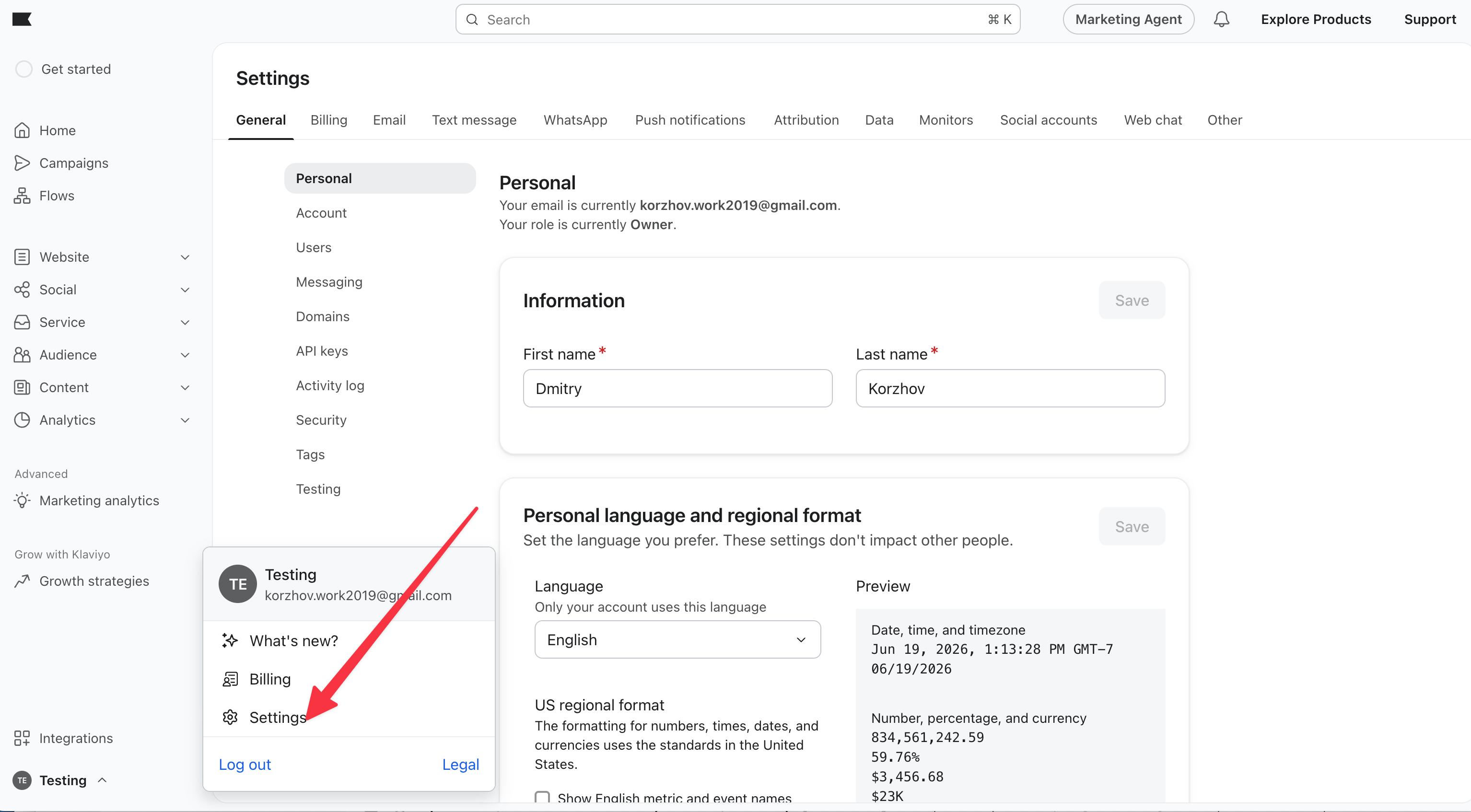 Opening Settings from the Klaviyo account menu