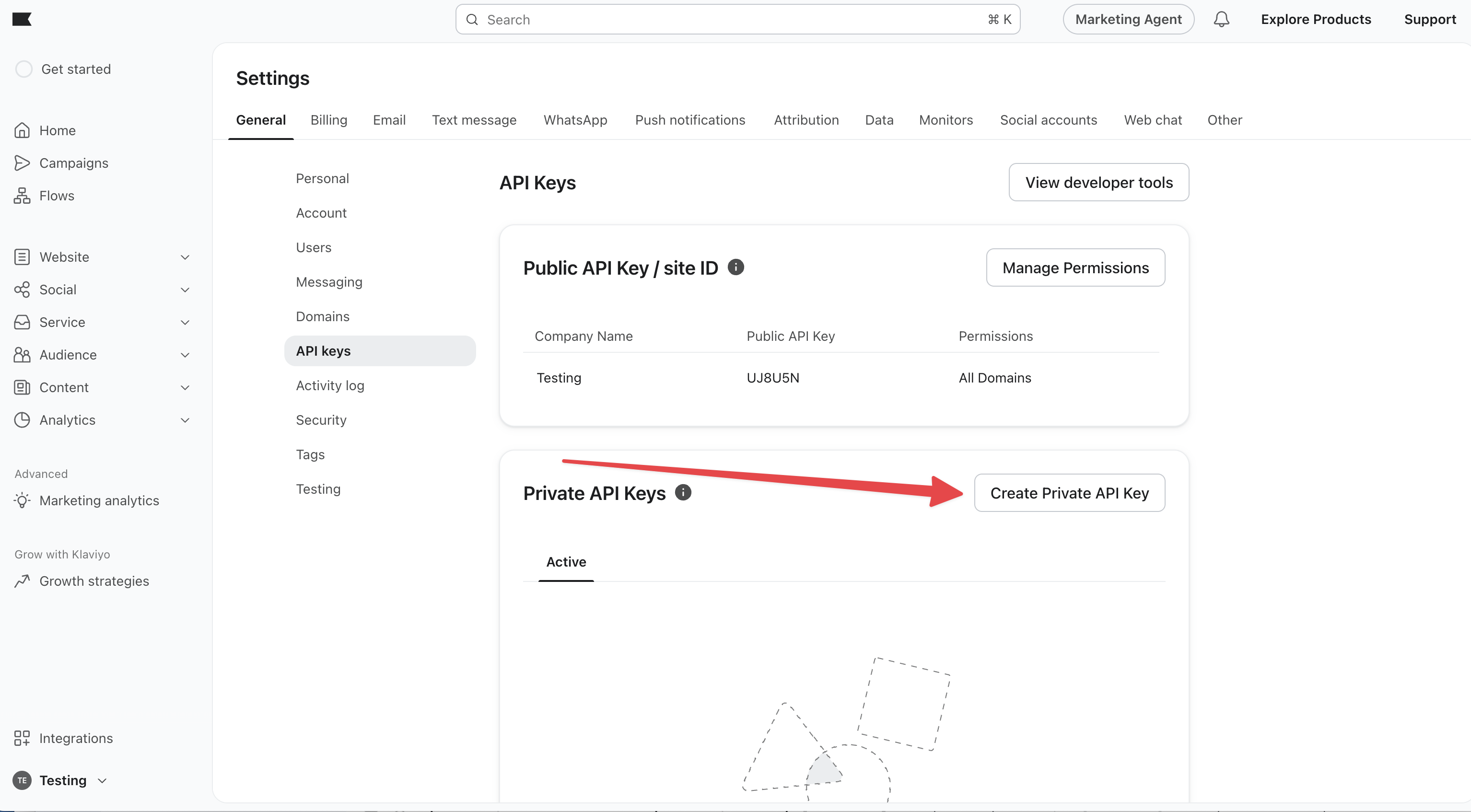 The Create Private API Key button on the API keys page